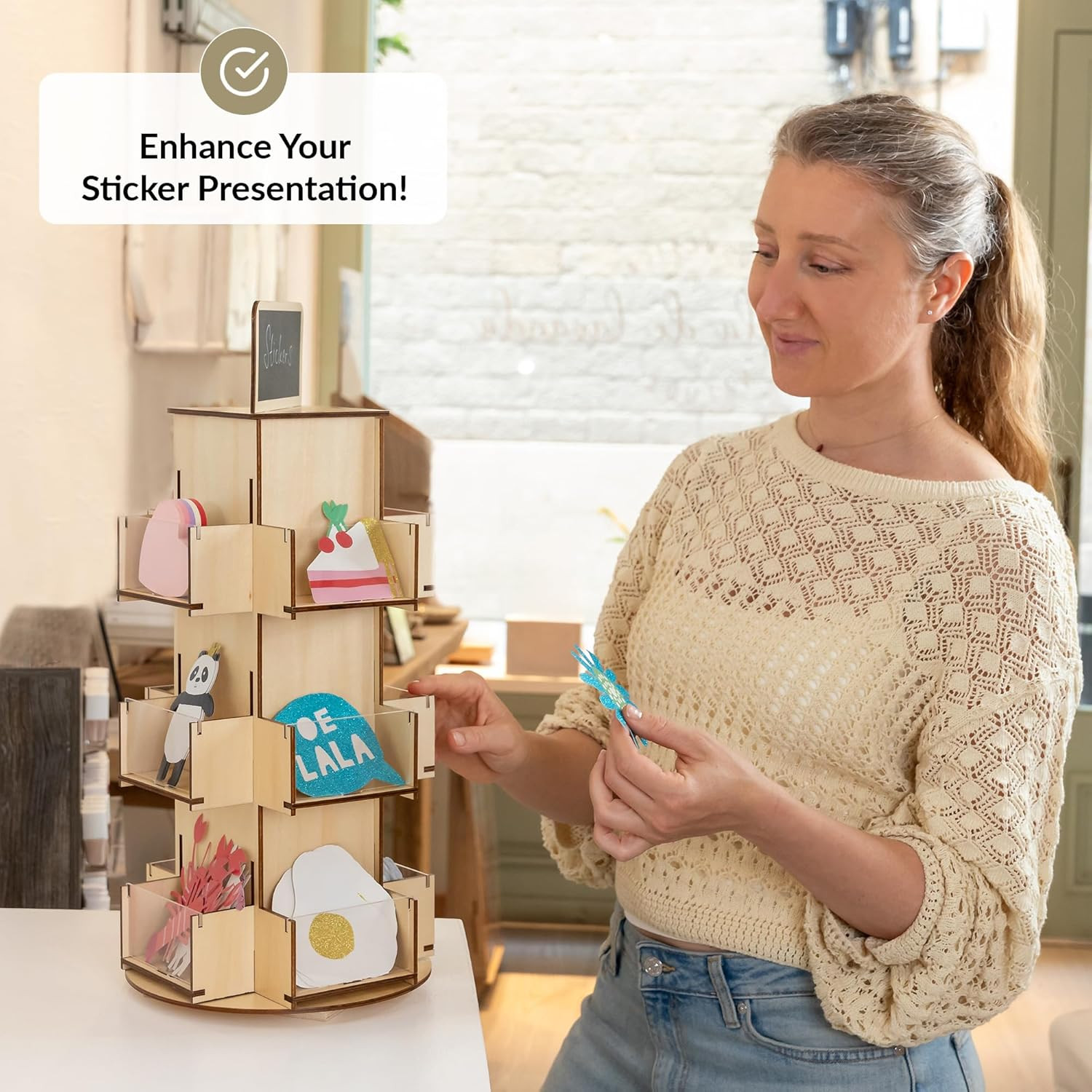 ODOXIA Sticker Display Stand | Tabletop Rotating Stand Wood | Sticker Display St