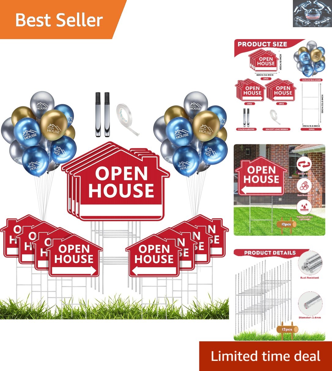 12-Pack Open House Signs with 24 Metallic Balloons – Easy Setup