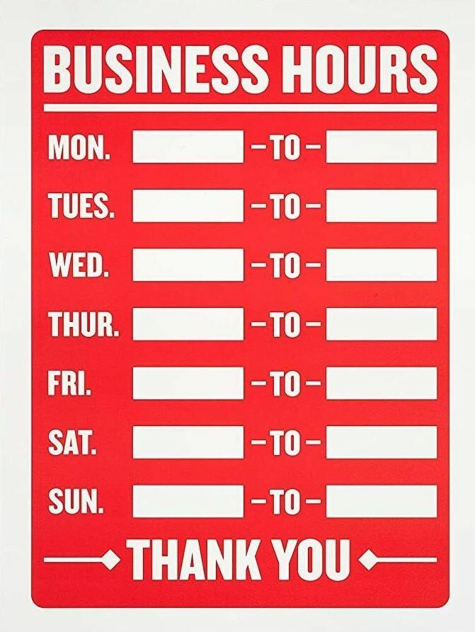 Business Hours Sign 8 x 12 Inch – 2 Count, White and Red