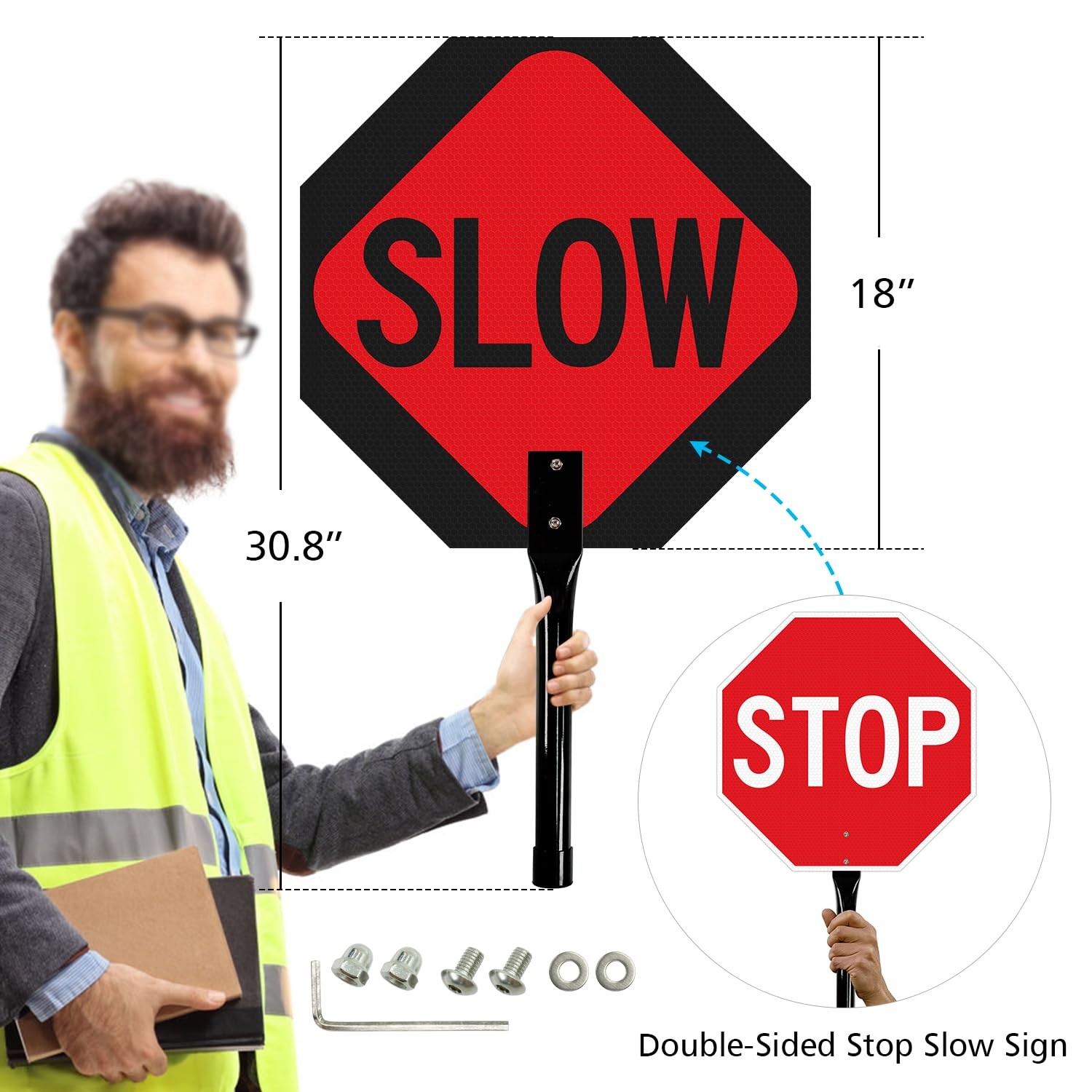 Gicnkeuz Stop Slow Sign Metal Handle 18X18 Inches Double Sided Slow/Stop Sign