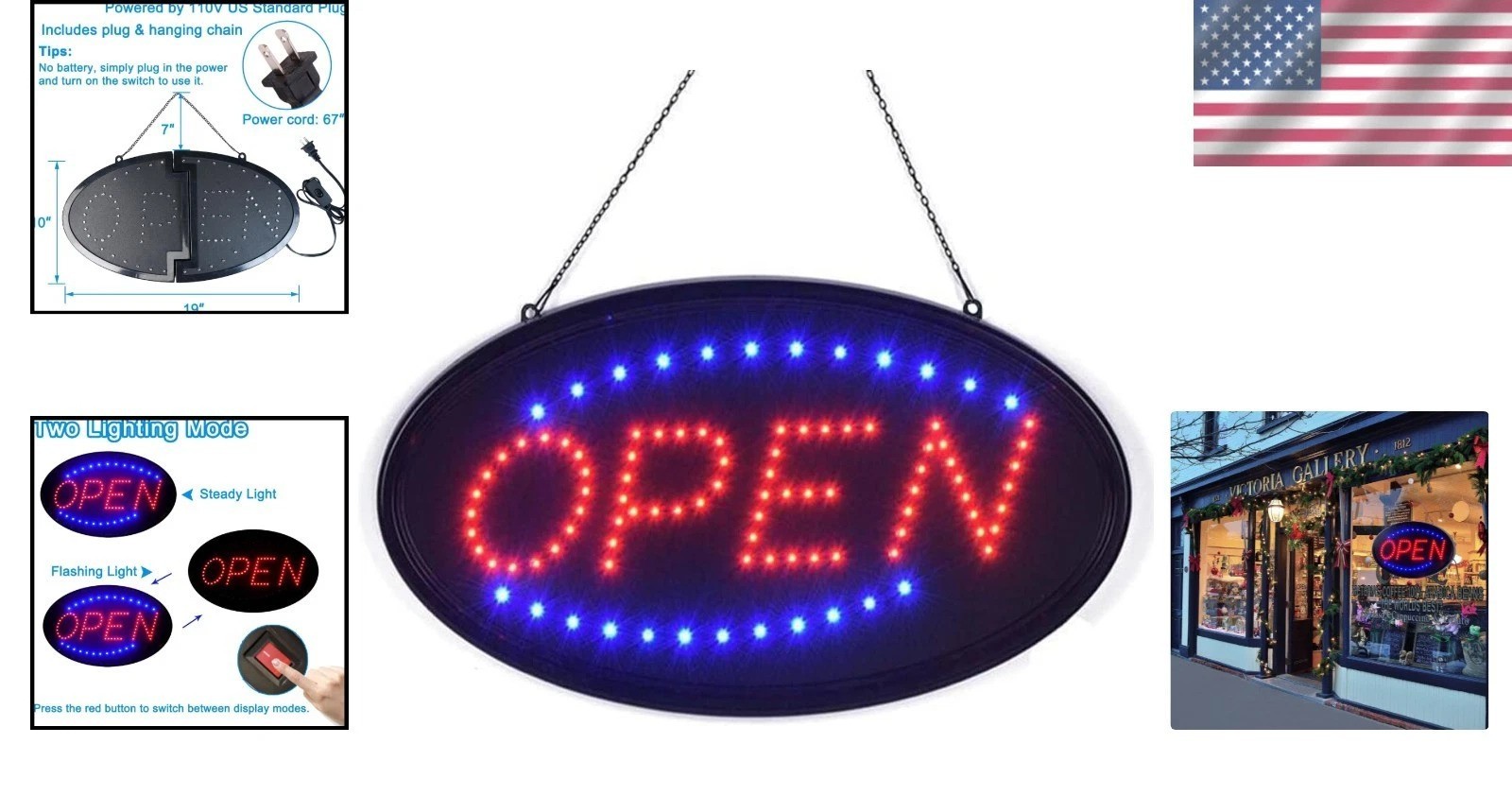 Stylish LED Open Sign, 19&Prime;x10&Prime; – Flashing & Steady Modes for All Businesses