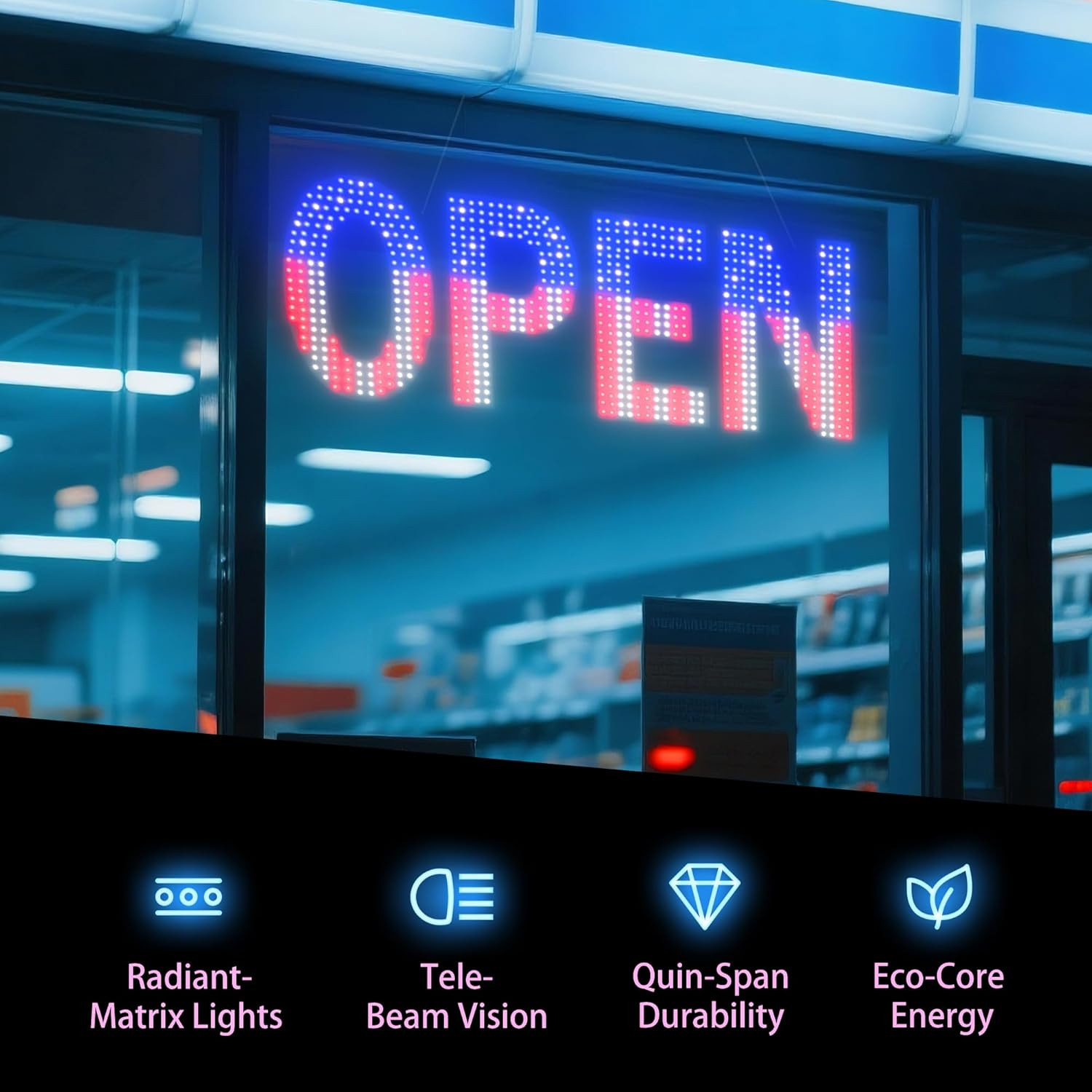 Bright USA Flag LED Open Sign for Business – 40&Prime;x14&Prime; Adjustable Light Up Sign