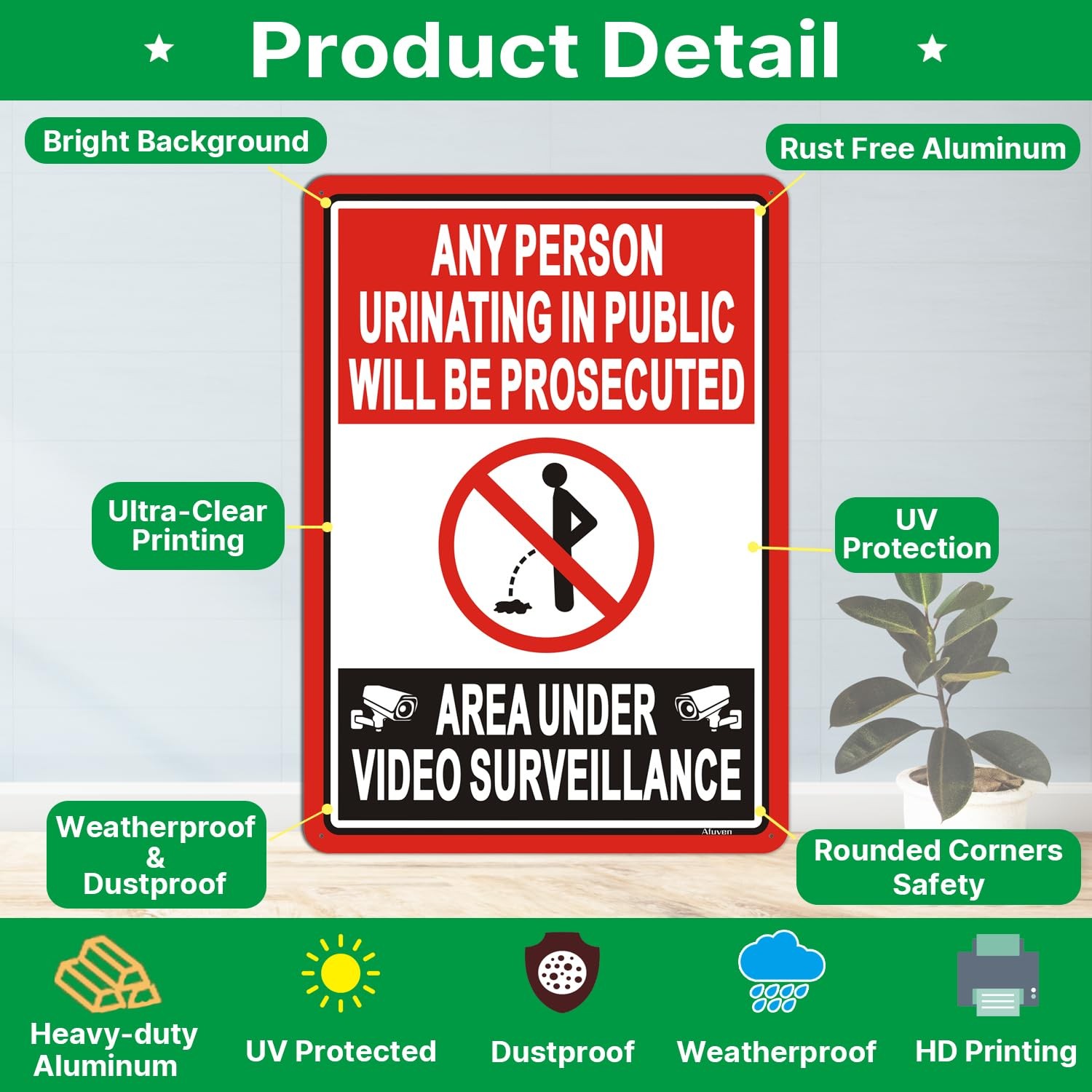 2 PCS No Urinating Public Video Surveillance Sign Aluminum 14×10 Inch