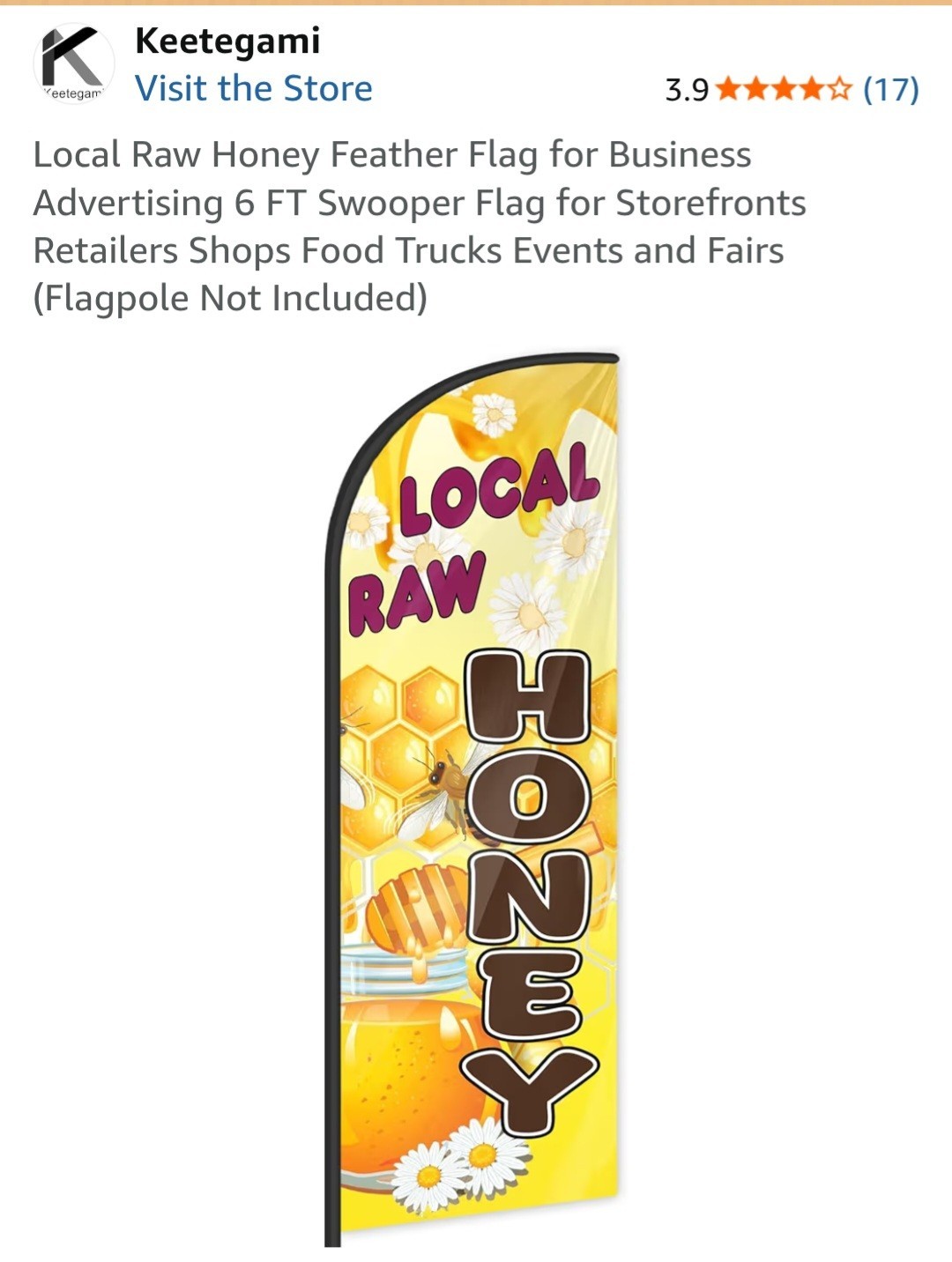 Keetegami Local Raw Honey Feather Flag Vivid Color Lt weight 73&Prime; x 21&Prime; Flag only