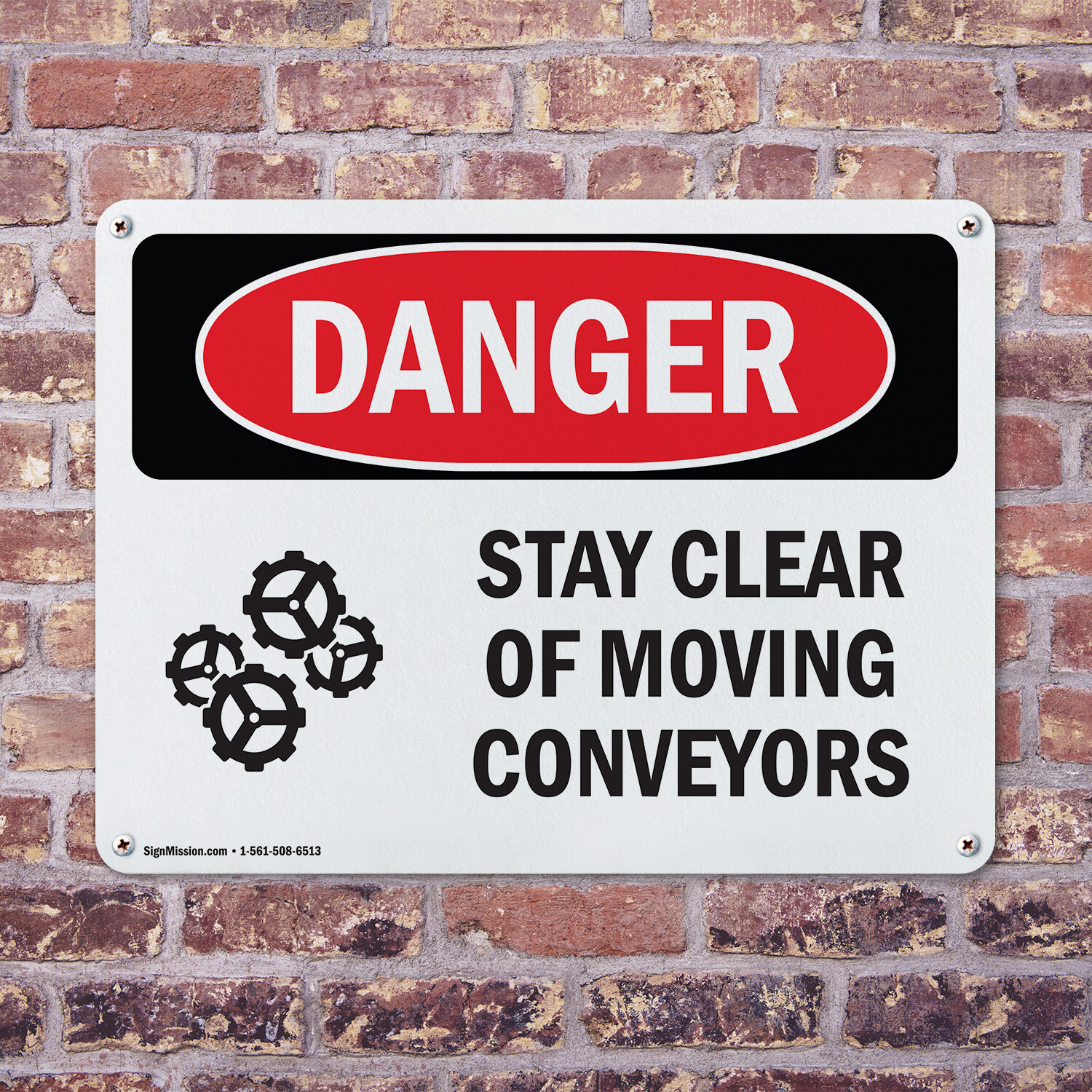 (2 Pack) Stay Clear Of Moving Conveyors OSHA Danger Sign Decal Metal Plastic
