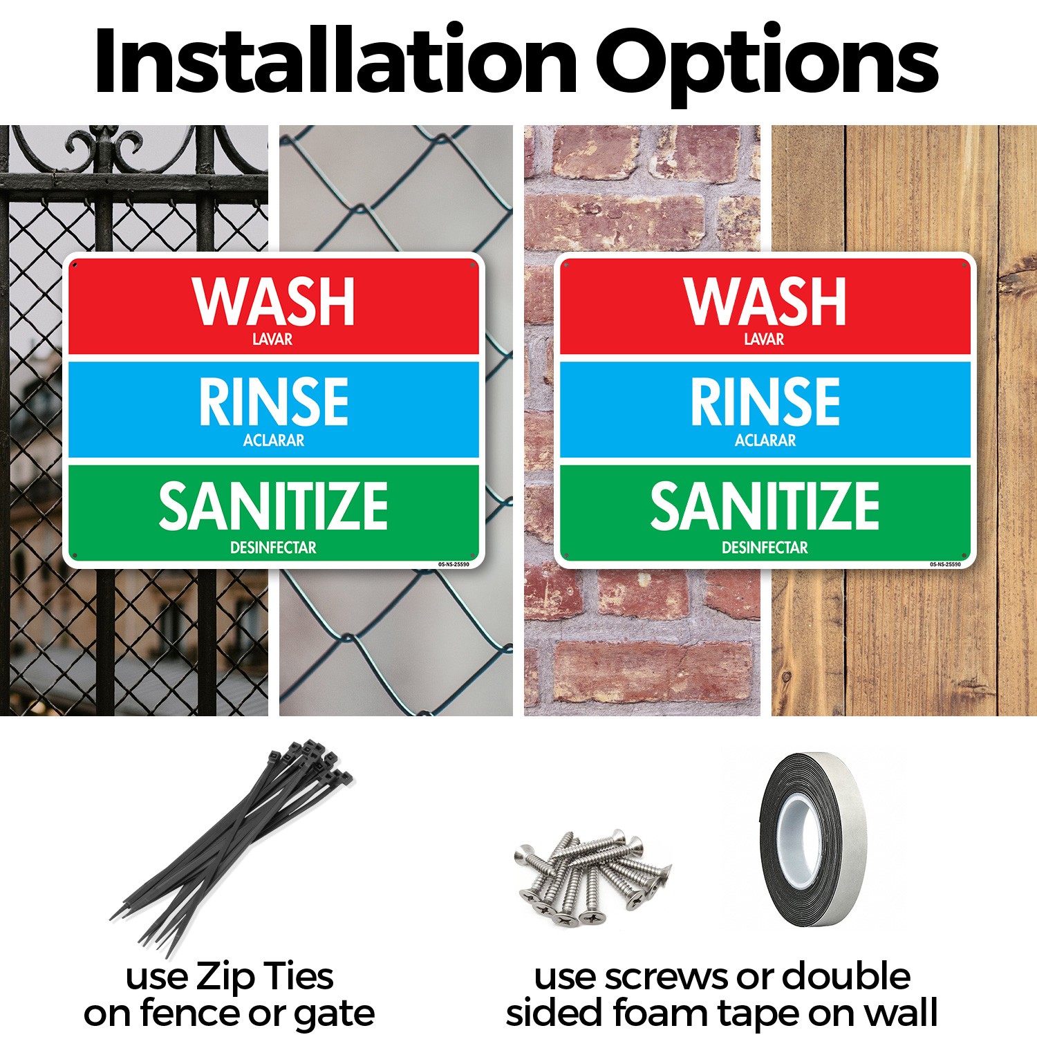 Wash Rinse Sanitizes Public Safety Sign Metal, Plastic, Or Decal – 5 or 10 Pack