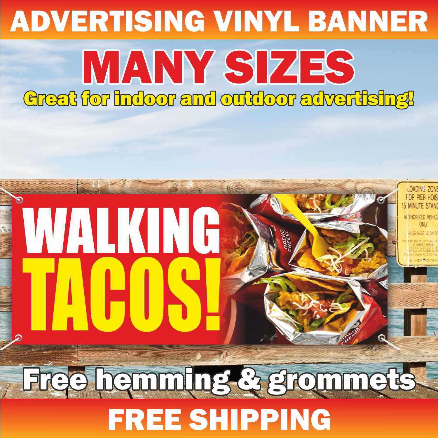WALKING TACOS Advertising Banner Vinyl Mesh Sign Mexican food Burritos Nachos