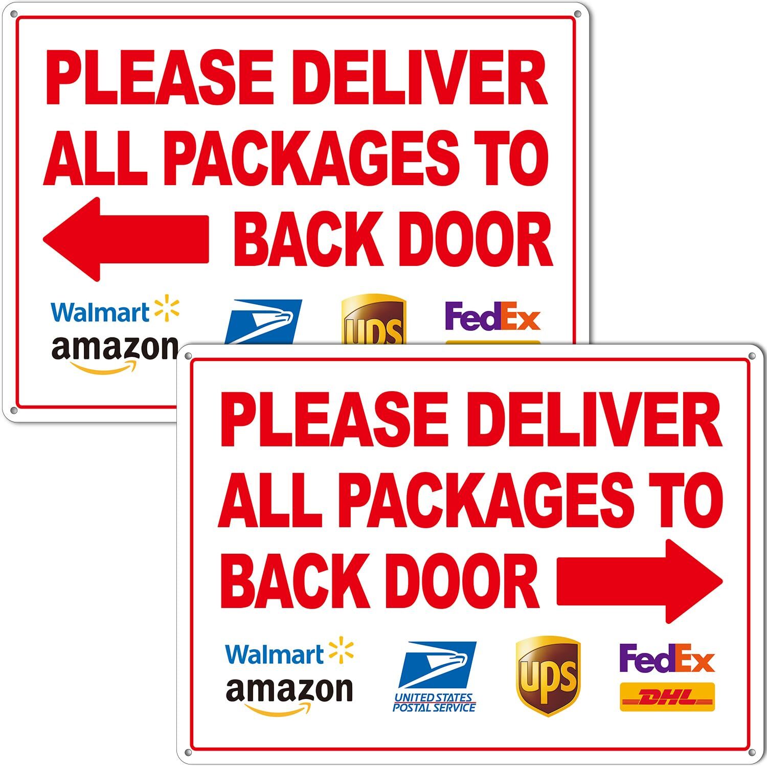 Please Deliver Packages Back Door Sign 14×10&Prime; Weatherproof Arrows 2-Pack