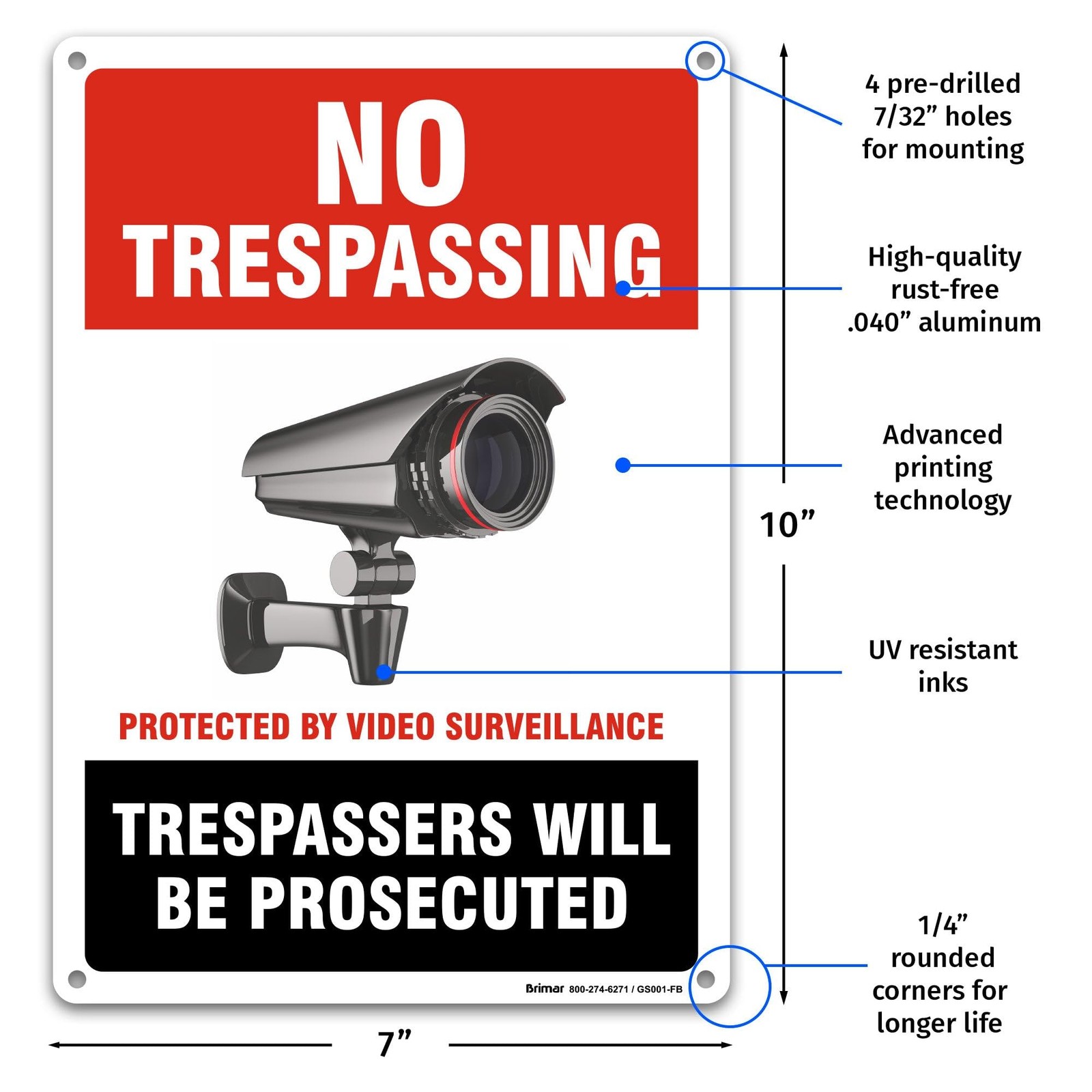 – 7&Prime;x10&Prime; No Trespassing Protected by Video Surveillance Sign – Weatherproof R…