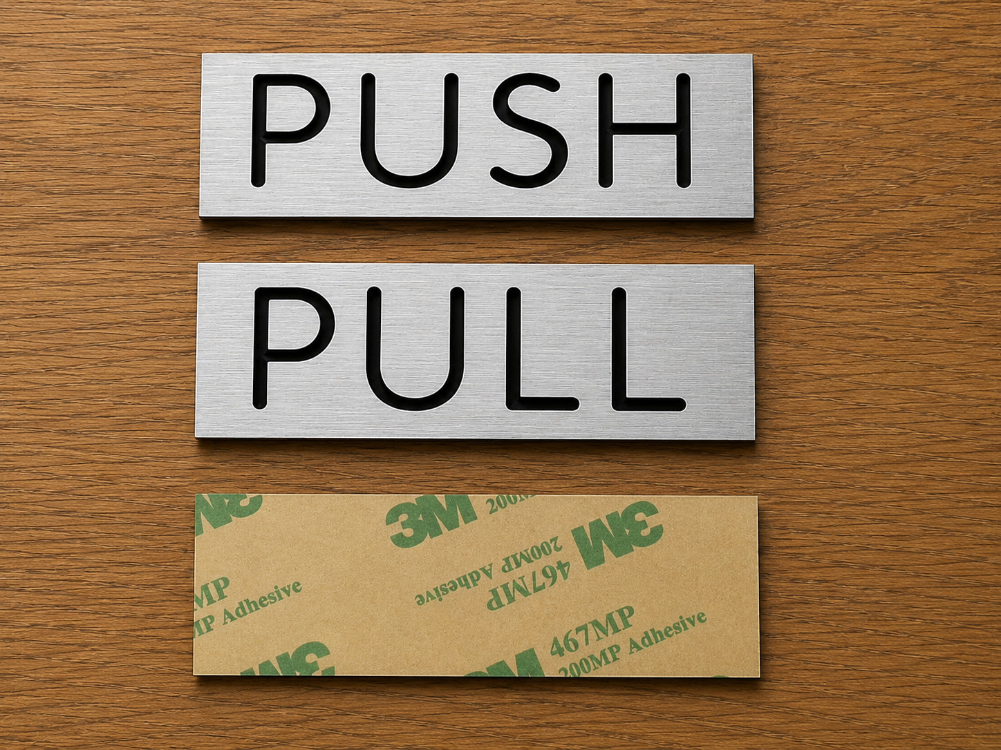 pair – Engraved PUSH and PULL Brushed Silver finish 1×3 Glass Door Signs plaques