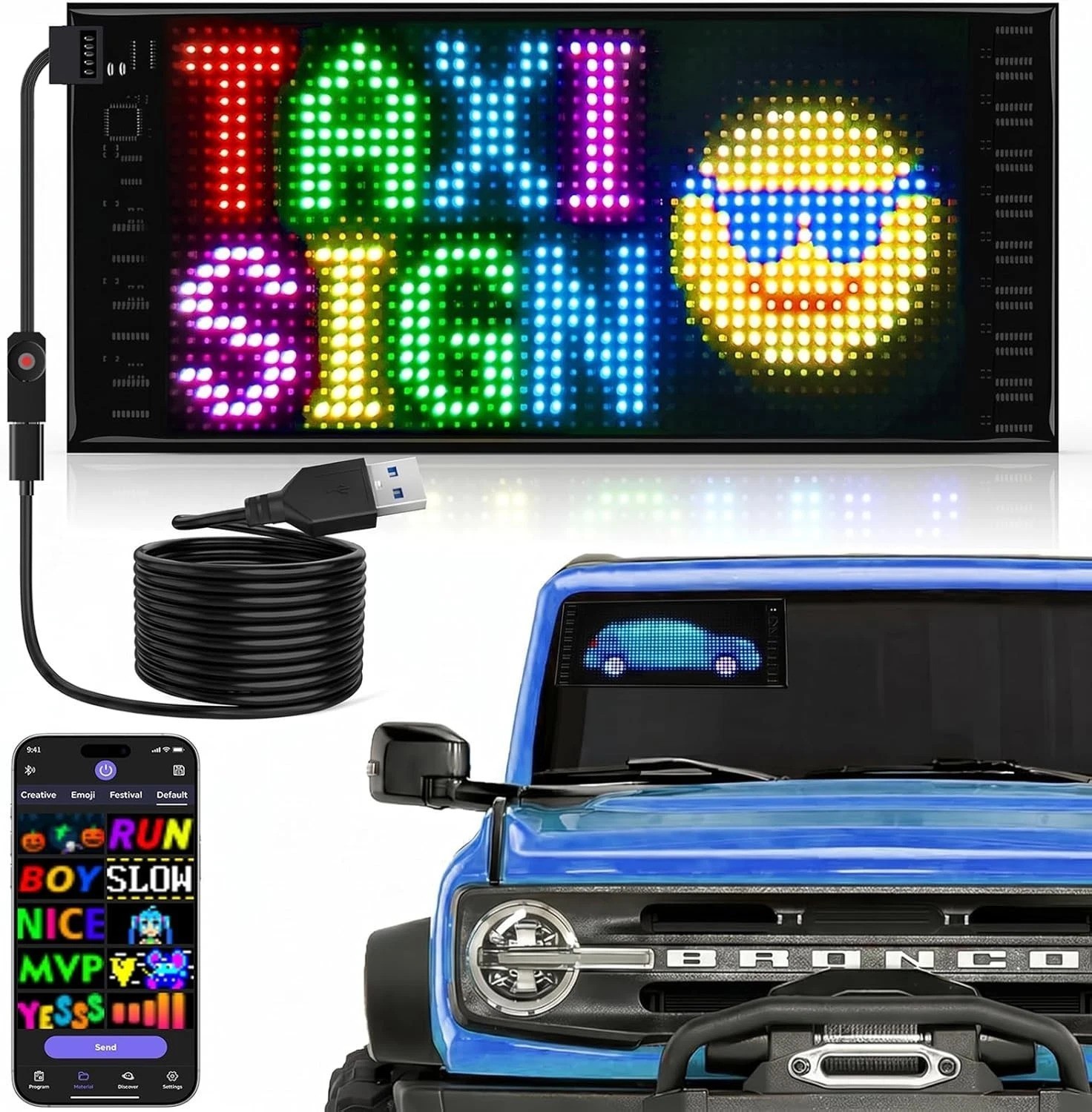 Vibrant Dual Row LED Light Sign for Cars – 10.6 »x4.7 » with APP Control