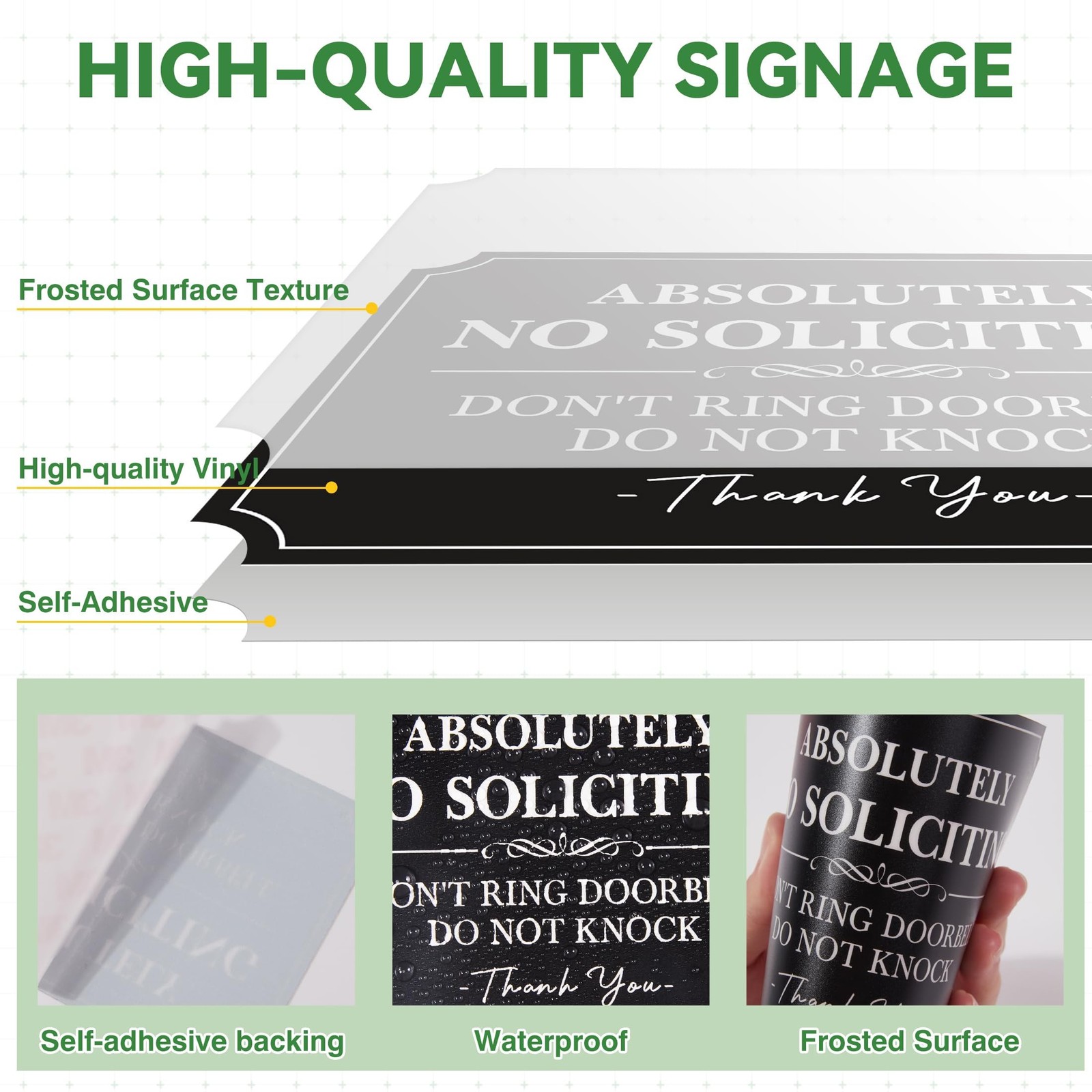 2PCS No Soliciting Sign for Front Door，Self-Adhesive Elegant No Solicitin