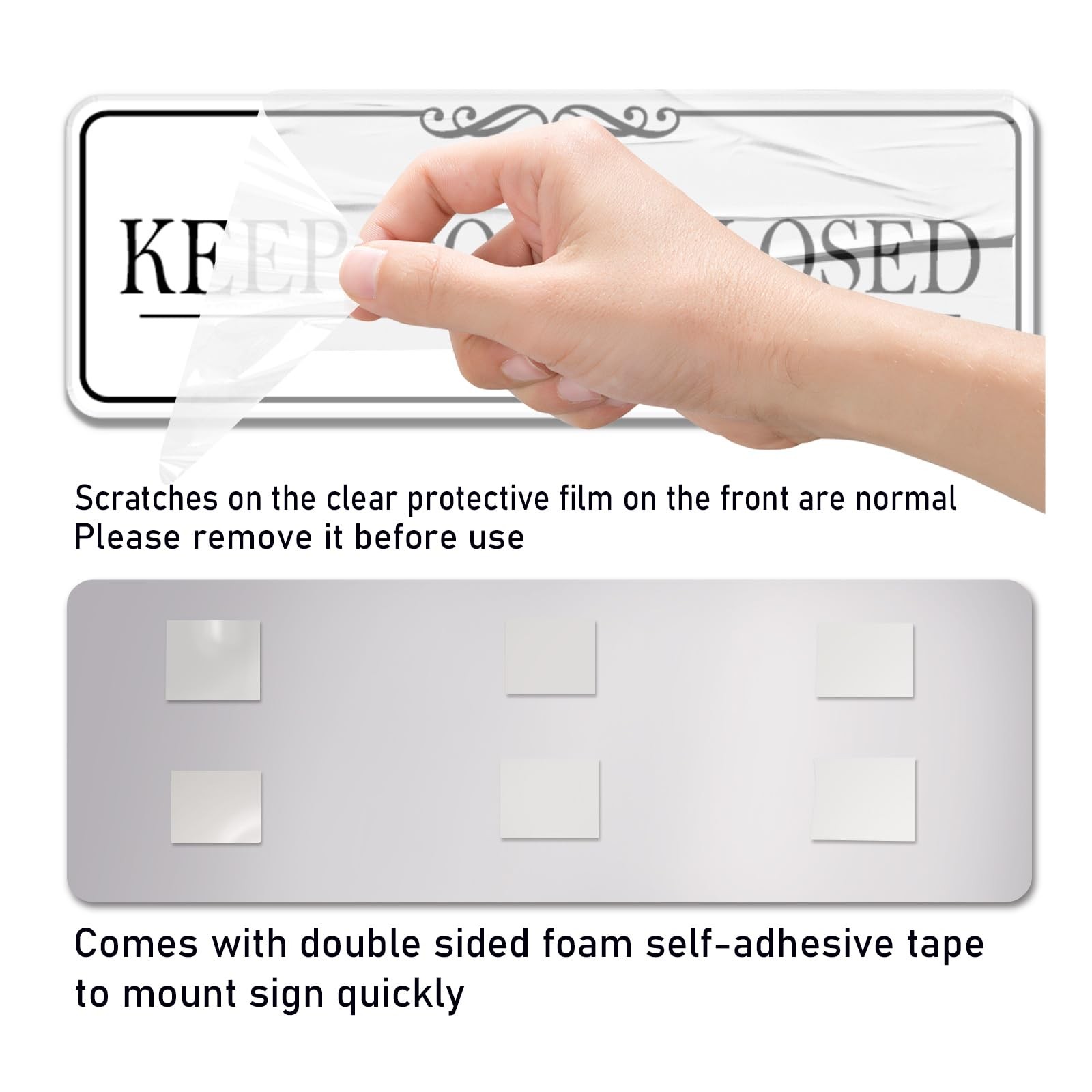 Elegant White 9×3 Inch Keep Door Closed Sign Acrylic Self Stick Wall Signage