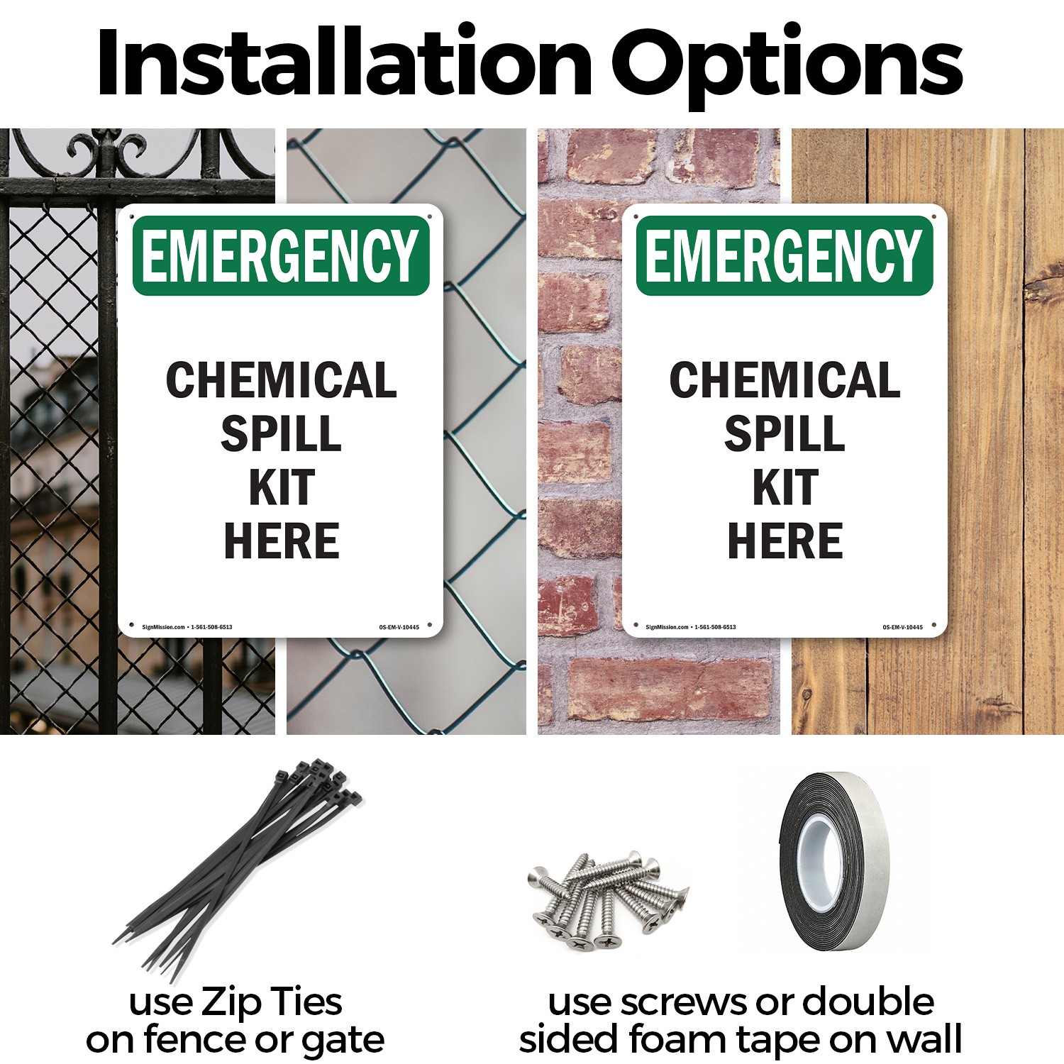 Chemical Spill Kit Here OSHA Emergency Sign Metal, Plastic, Decal 5 or 10 Pack