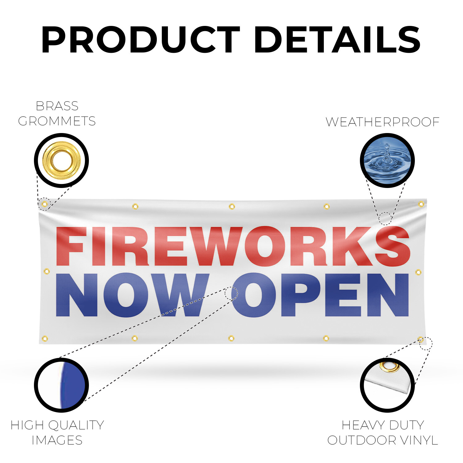 Fireworks Now Open Vinyl Banner Sign with Metal Grommets Heavy-Duty