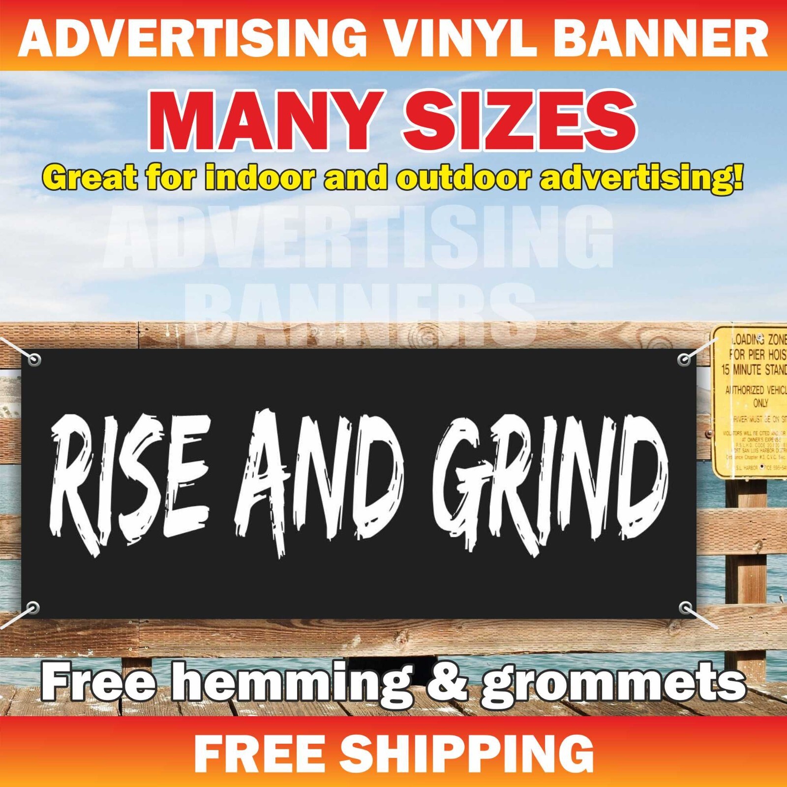 RISE AND GRIND Advertising Banner Vinyl Sign Motivational Poster Workout GYM