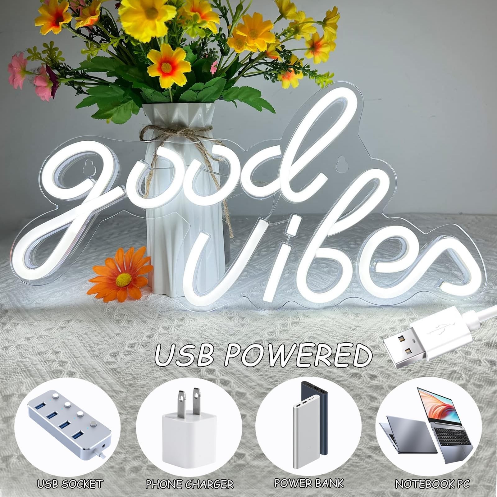 Good Vibes Neon Sign White Good Vibes Neon Lights USB Operated Aesthetic LED …