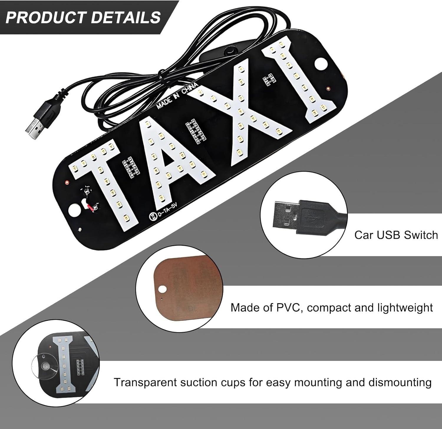 Taxi LED Sign Decor, 5V USB Bright Taxi Led Windscreen Cab Indicator Lamp Signal