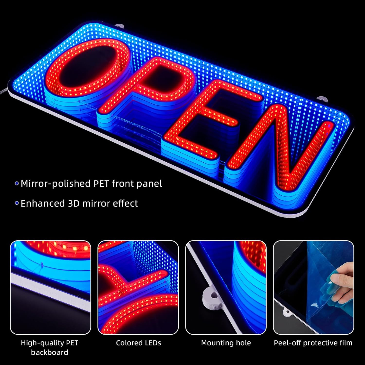 Dimmable 3D LED Open Sign – Double-Sided Infinity Mirror for Business Decor
