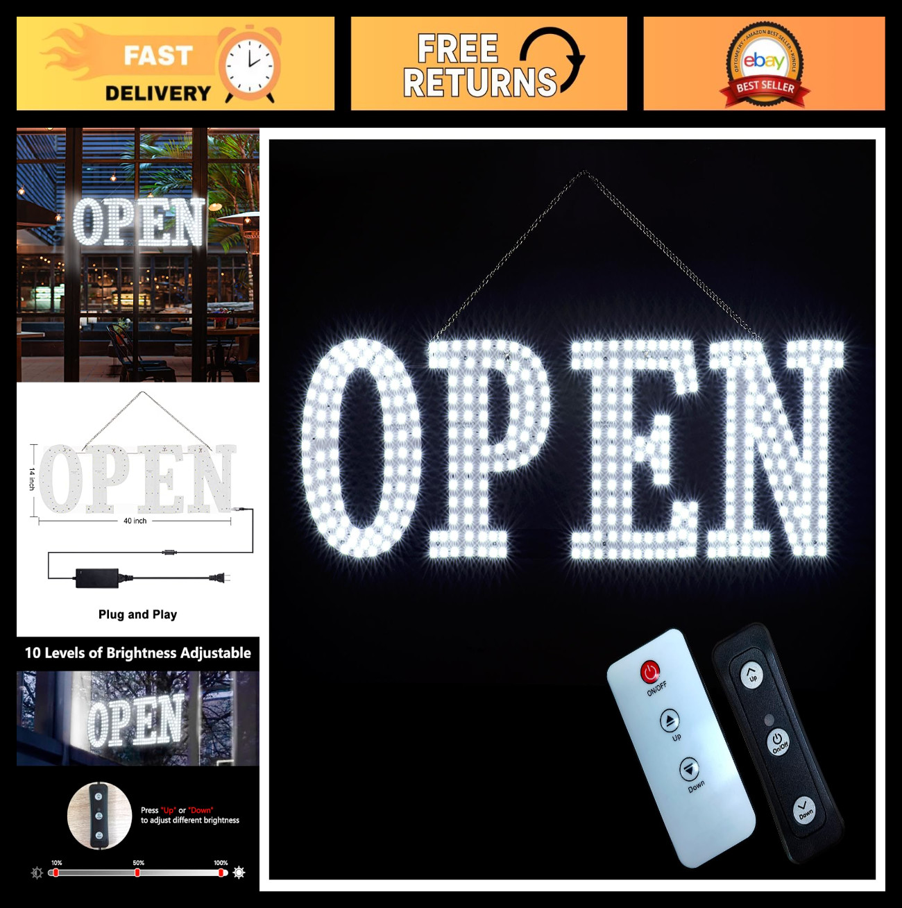 Extra Large 40&Prime;x14&Prime; LED Open Sign with Remote, 10 Brightness Levels, High Visibi