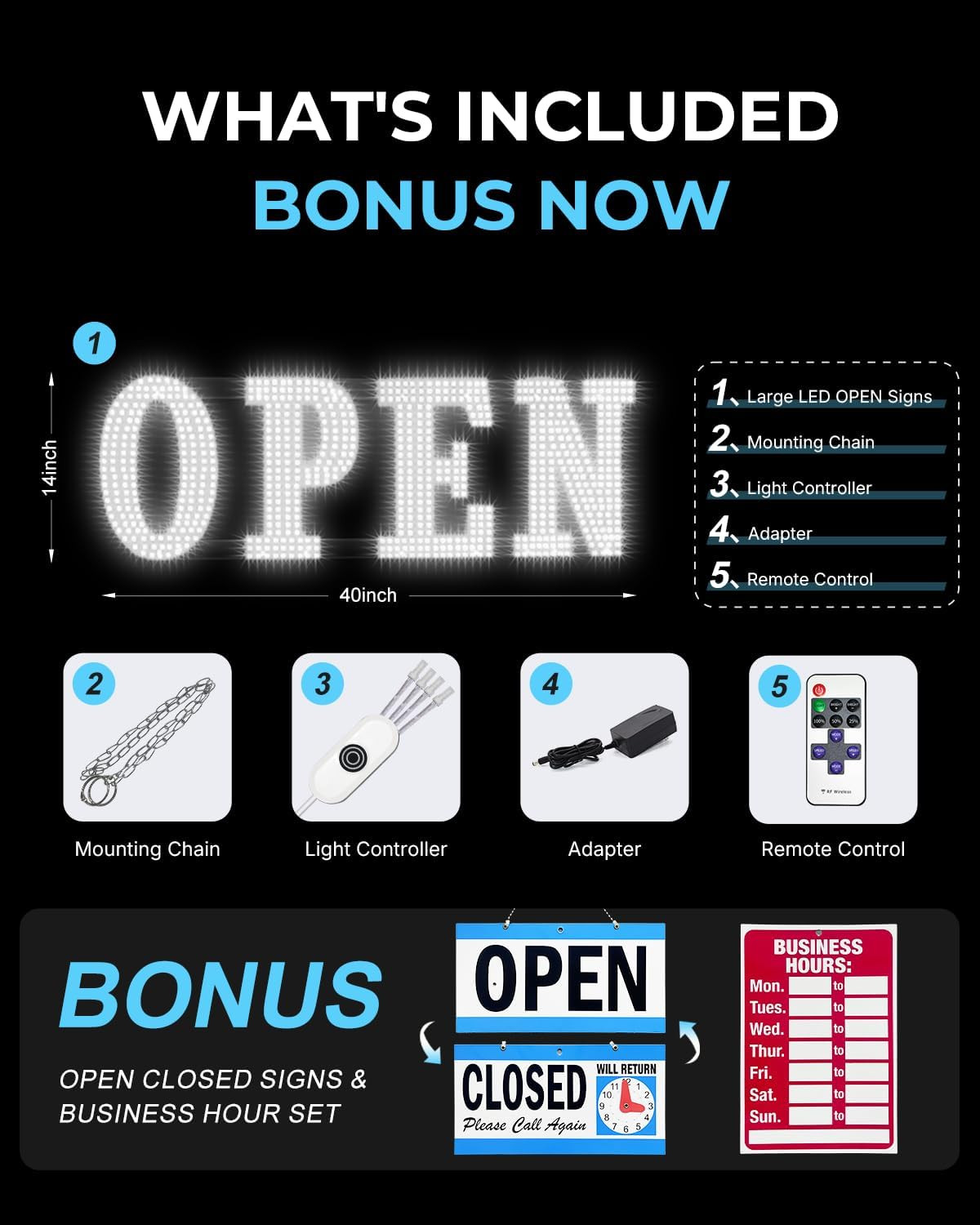 Jumbo 40&Prime;x14&Prime; LED Open Sign with Timer & Remote for Storefronts & Cafes
