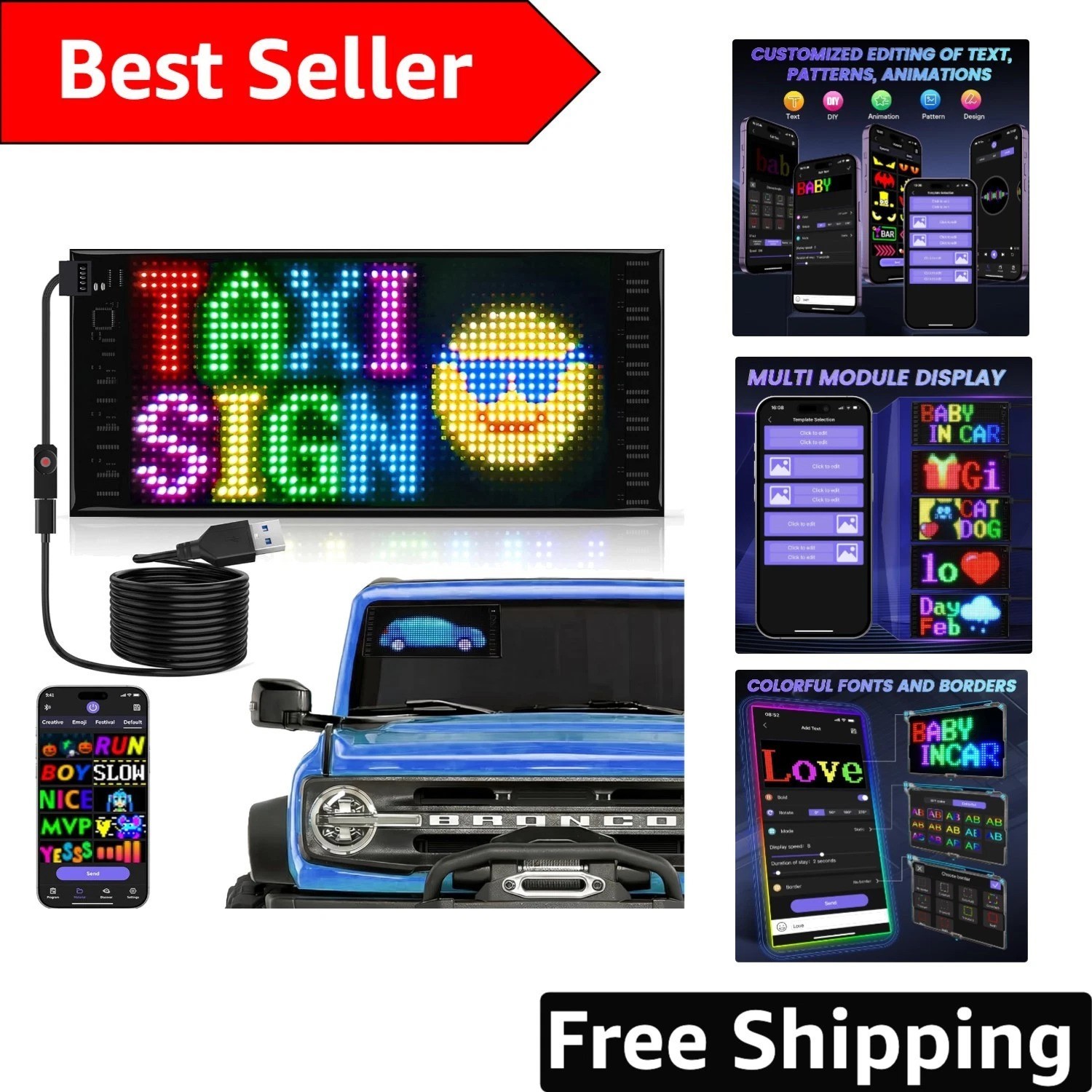 Vibrant Dual Row LED Light Sign for Cars – 10.6 »x4.7 » with APP Control