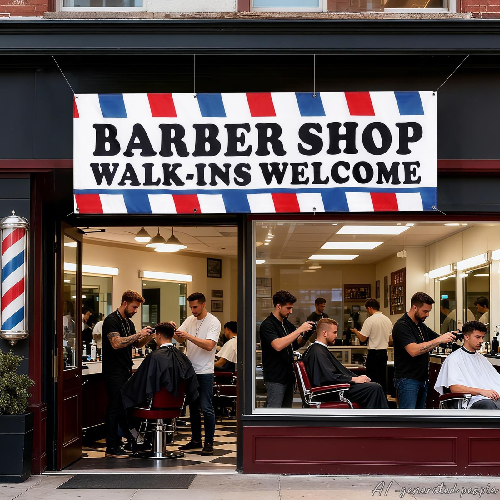 Large 2×6 ft Barber Shop Banner – Walk-Ins Welcome, Durable Polyester Sign with