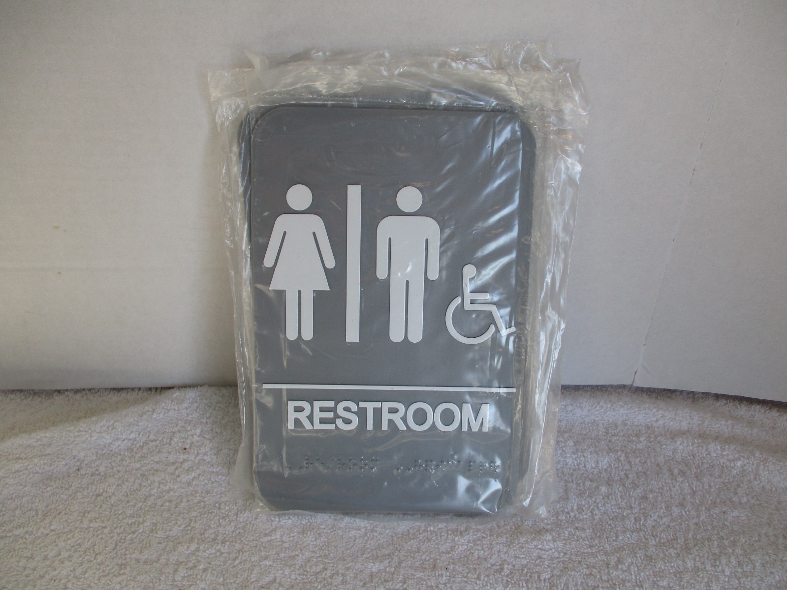 LOT OF 5 BATHROOM SIGNS ADA BRAILLE ADHESIVE GRAY MEN WOMEN HANDICAP RESTROOM