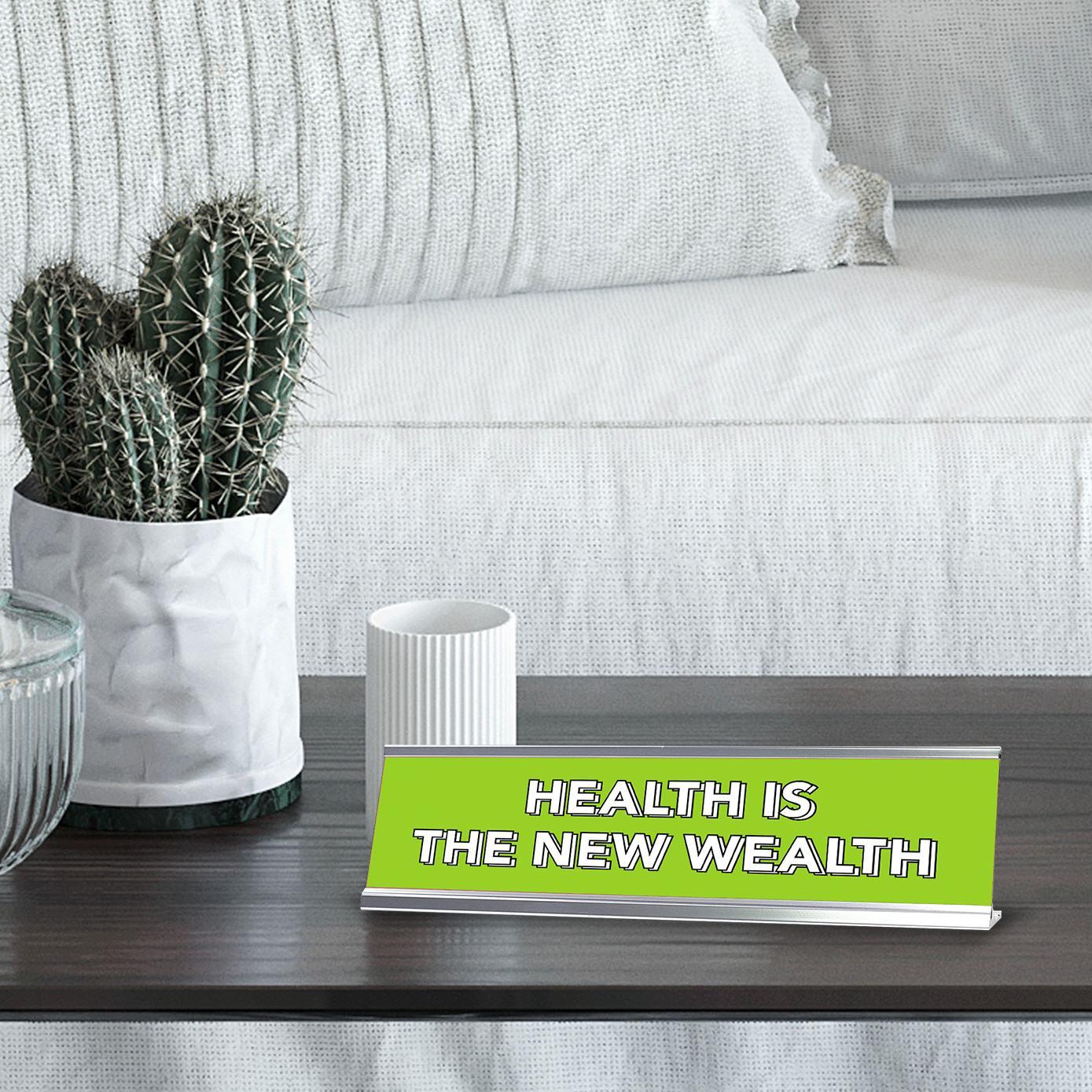 Health Is the New Wealth 2 x 10&Prime; Desk Sign | Inspirational Quotes Workspace