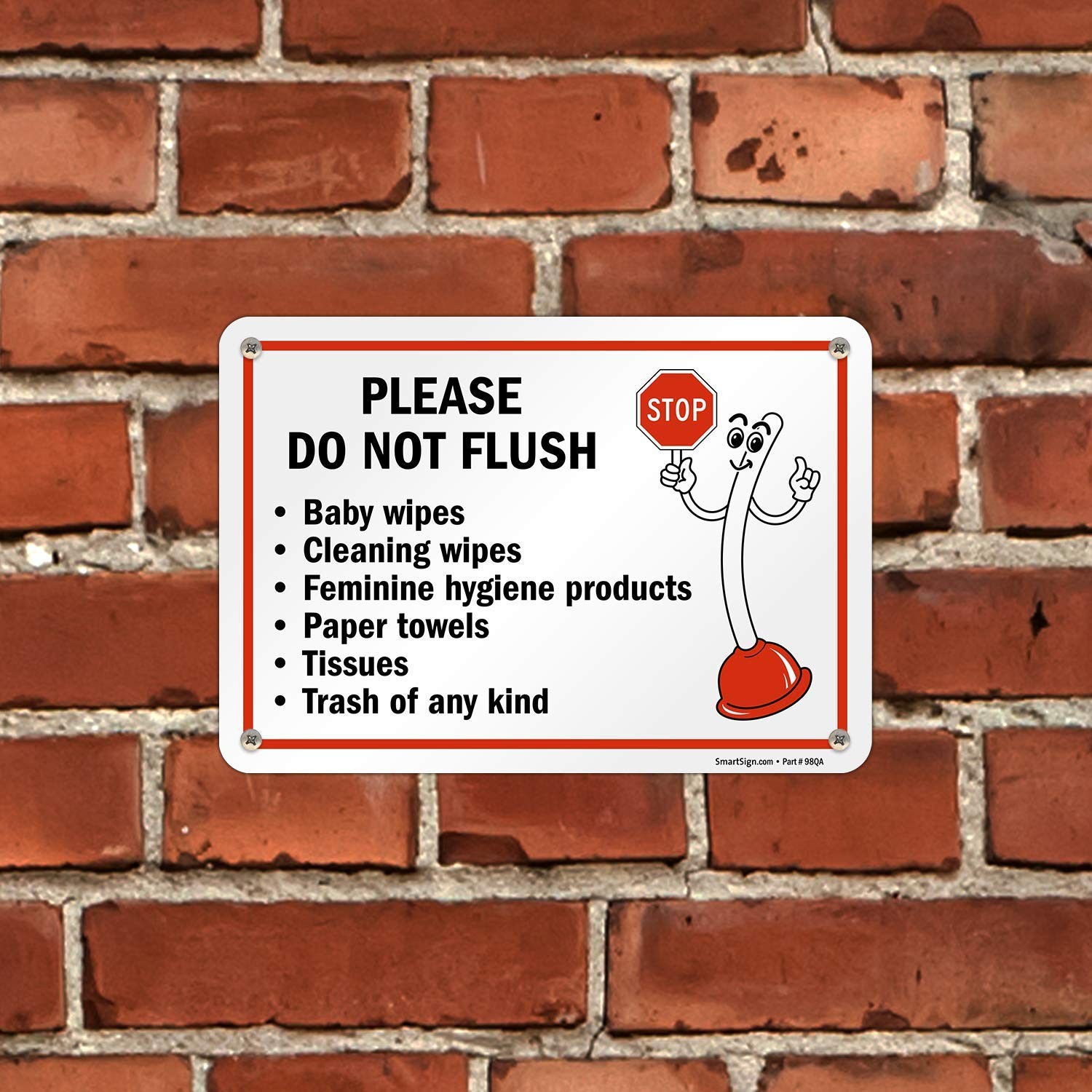 1 PC Please Do Not Flush Wipes/Trash Bathroom Sign 7×10&Prime; HDPE Plastic Red Black