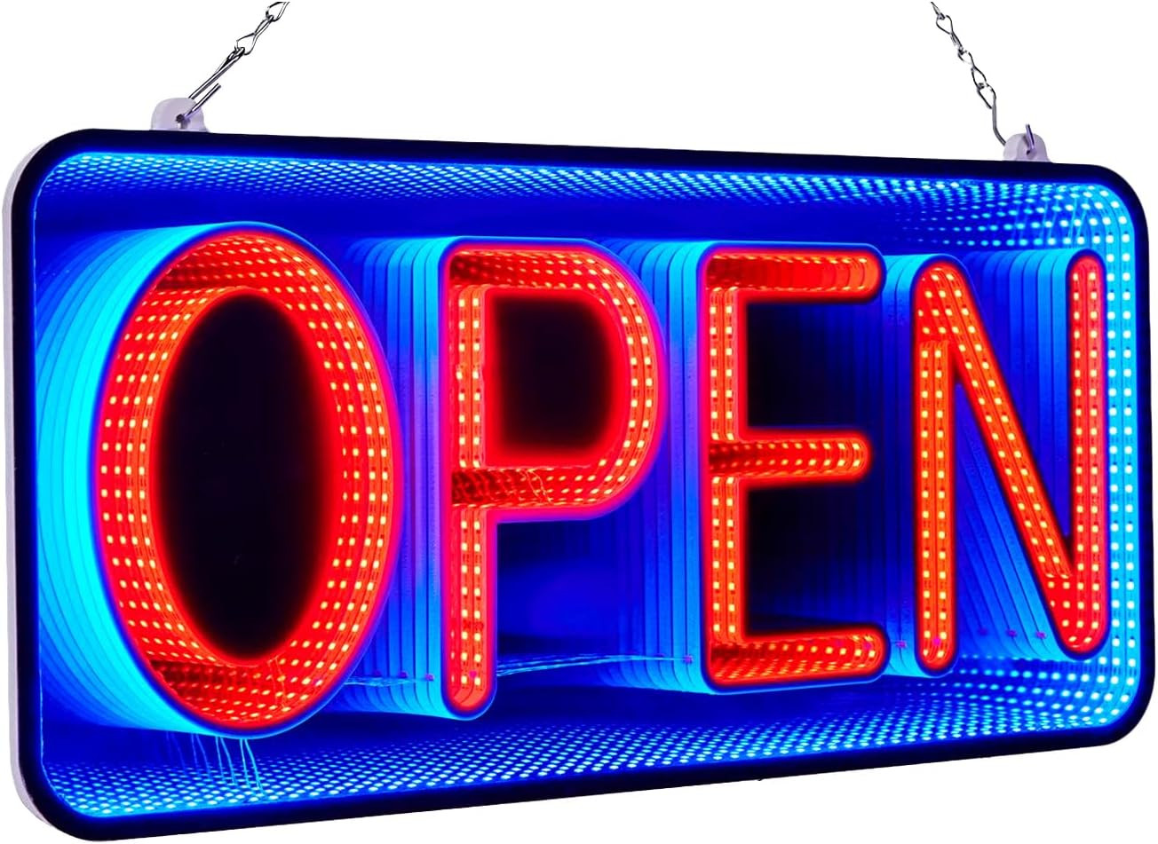 Dimmable 3D LED Open Sign – Double-Sided Infinity Mirror for Business Decor