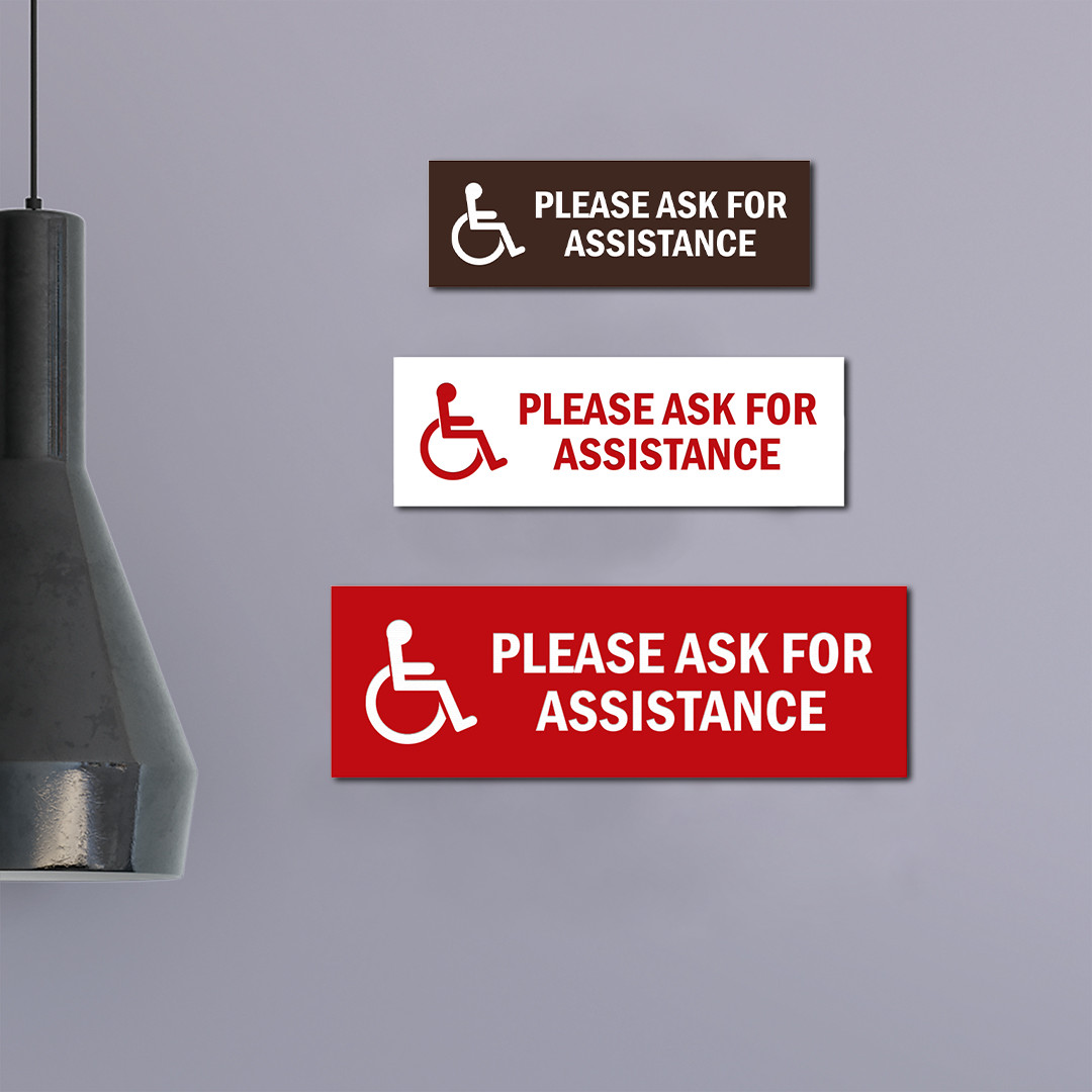 Basic Wheelchair Please Ask For Assistance Sign (Blue) – Large 3×9&Prime;