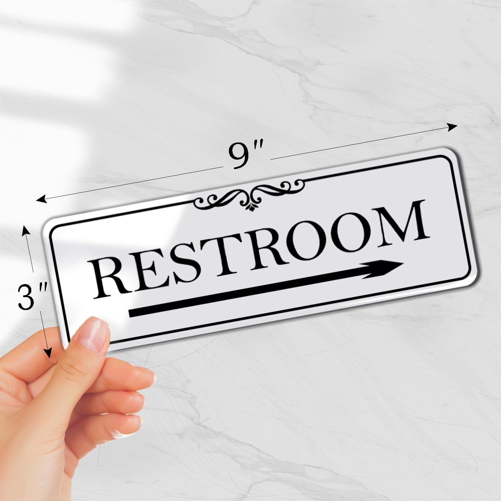 9×3 Inch Restroom Sign with Right Arrow Acrylic SelfStick Elegant White