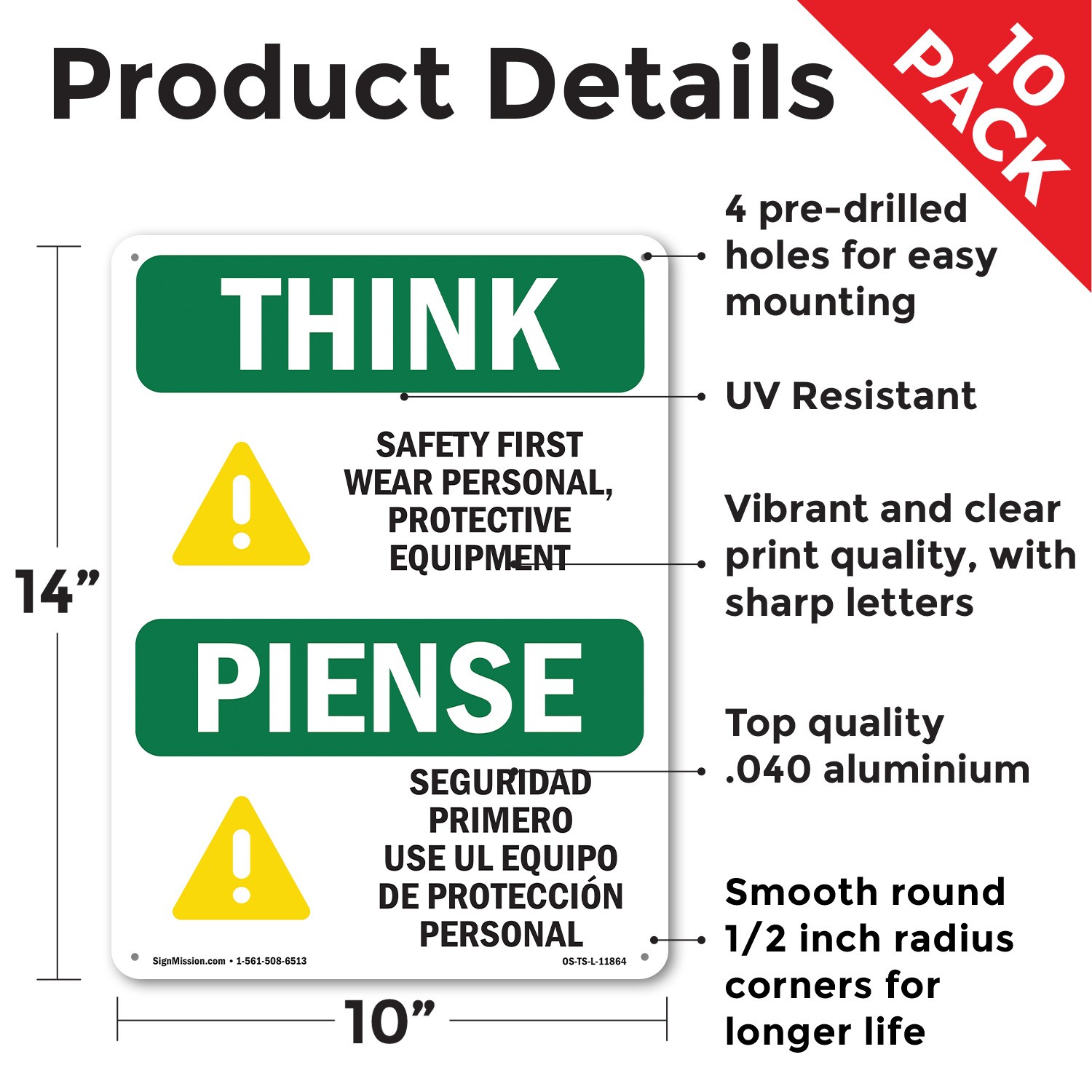 Wear PPE Symbol Bilingual OSHA Think Sign Metal, Plastic, Decal – 5 or 10 Pack