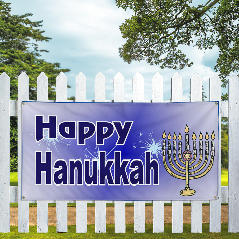 Vinyl Banner Multiple Sizes Happy Hanukkah Jewish Menorah Holidays and Occasions
