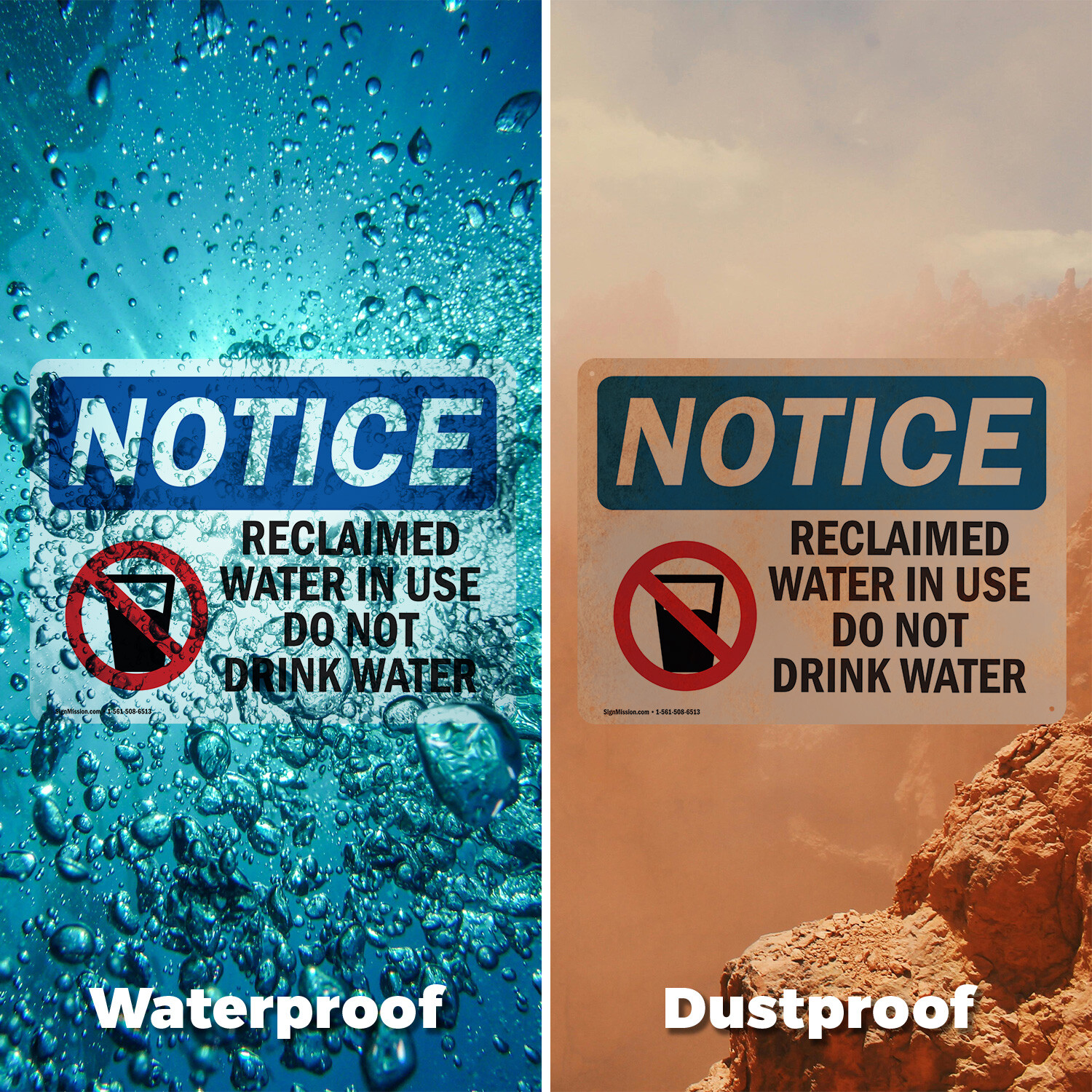 (2 Pack) Reclaimed Water In Use Do Not OSHA Notice Sign Decal Metal Plastic