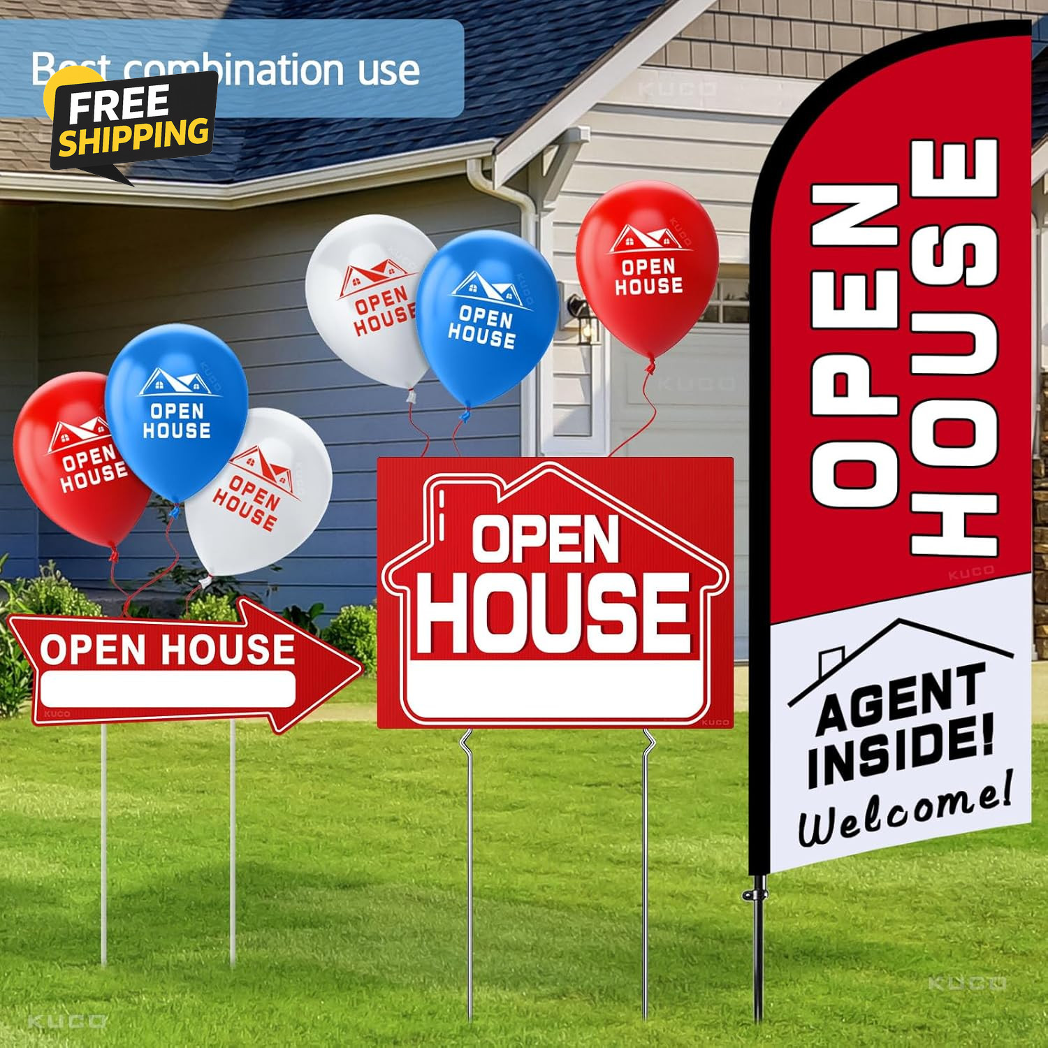 45PCS Open House Signs Kit Flag Arrows Stakes Balloons Real Estate Supplies