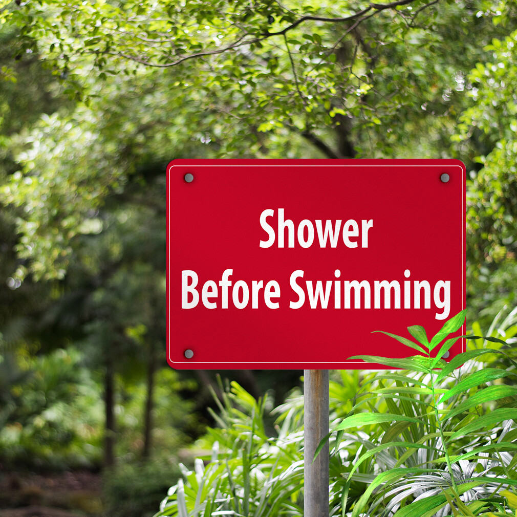 Horizontal Metal Sign Shower Before Swimming Activity Pool Red