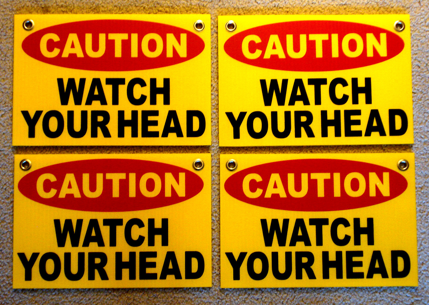 (4) CAUTION WATCH YOUR HEAD Coroplast SIGNS with Grommets 8&Prime;x12&Prime; yellow