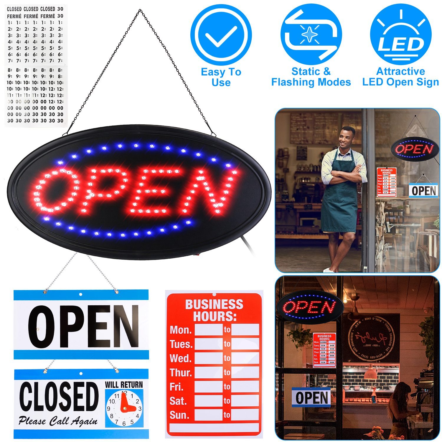 Electric Light Up LED Neon Business Open Closed Sign Flashing & Steady Ad Board