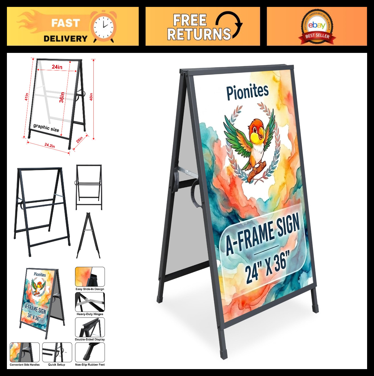 Heavy Duty A-Frame Sidewalk Sign 24×36 Inch Double-Sided Steel Display, Black