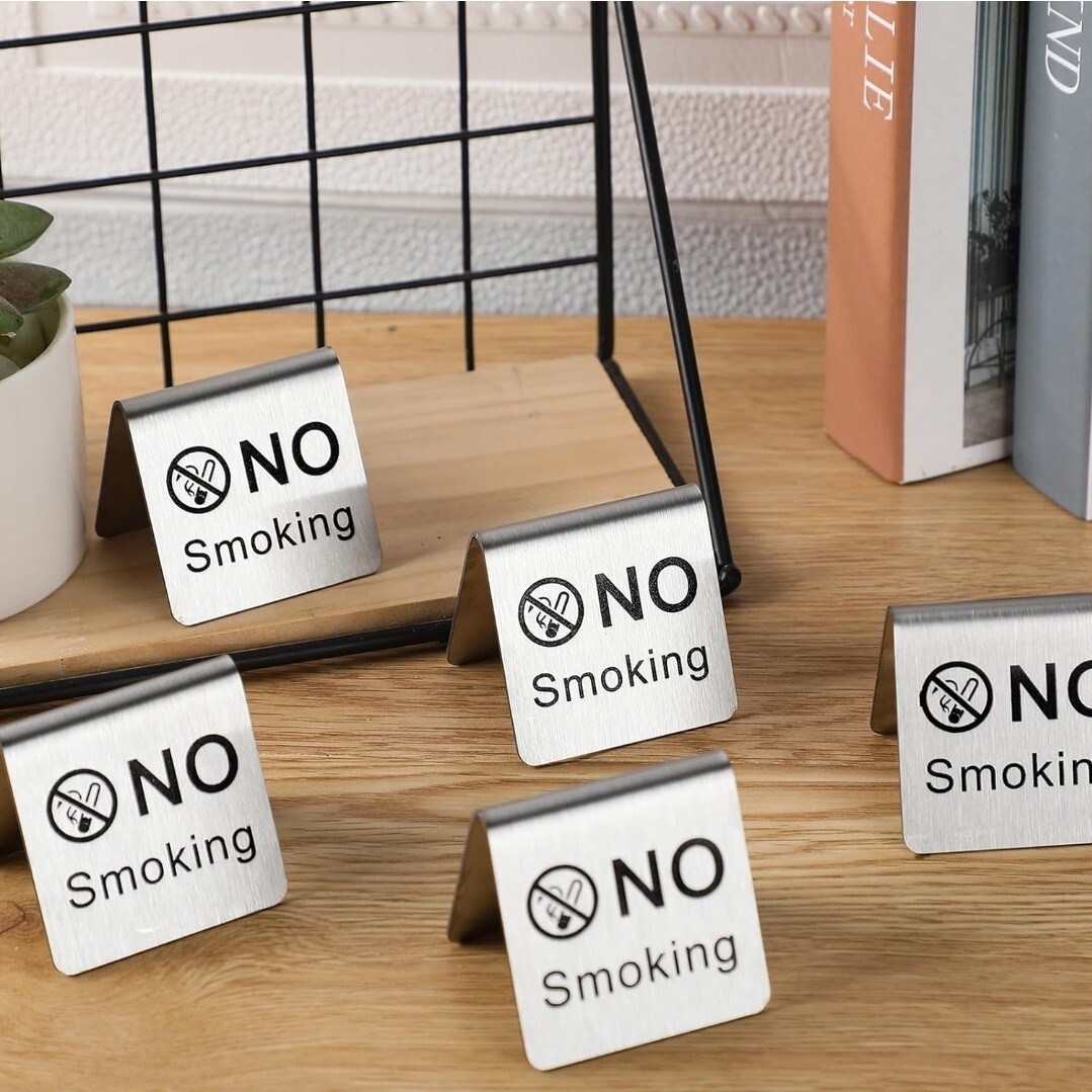 12 Pcs Stainless Steel No Smoking Table Sign Double Side No Smoking Sign Card