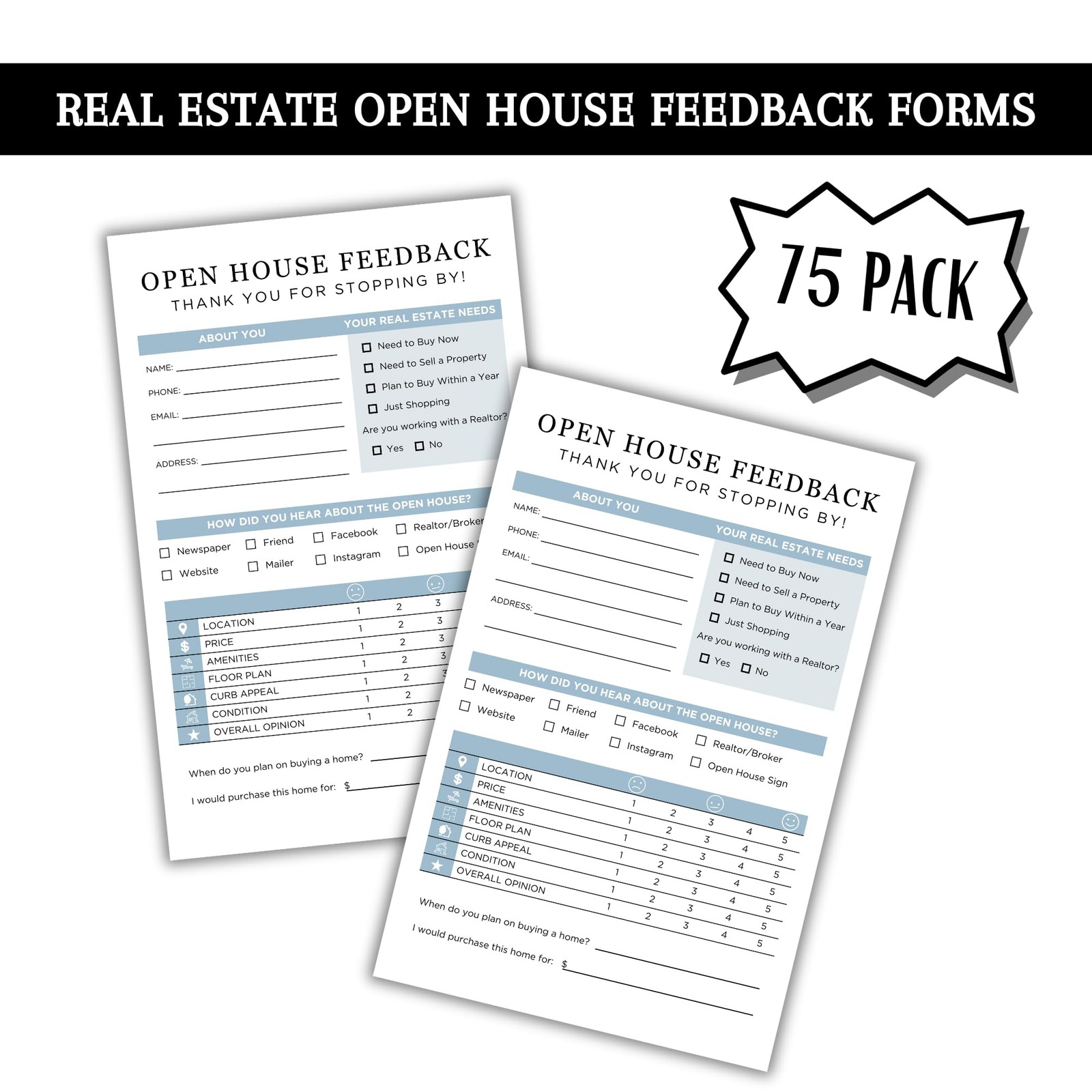 75 PCS Realtor Open House Feedback Form 5.5×8.5 Inch Flyer Client Sign Sheet