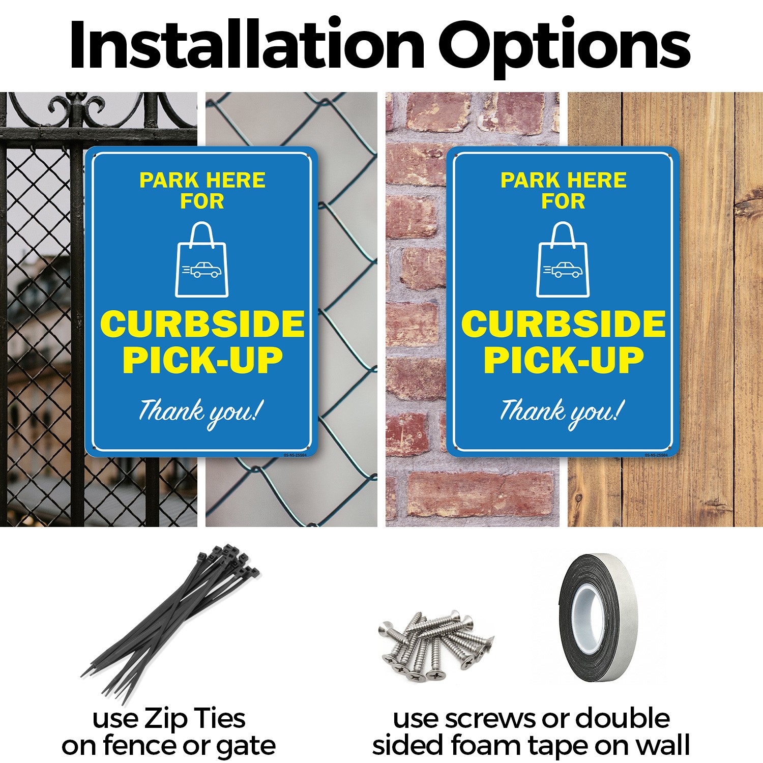 Park Here For Curbside Pick-up Public Safety Sign Metal, Decal – 5 or 10 Pack