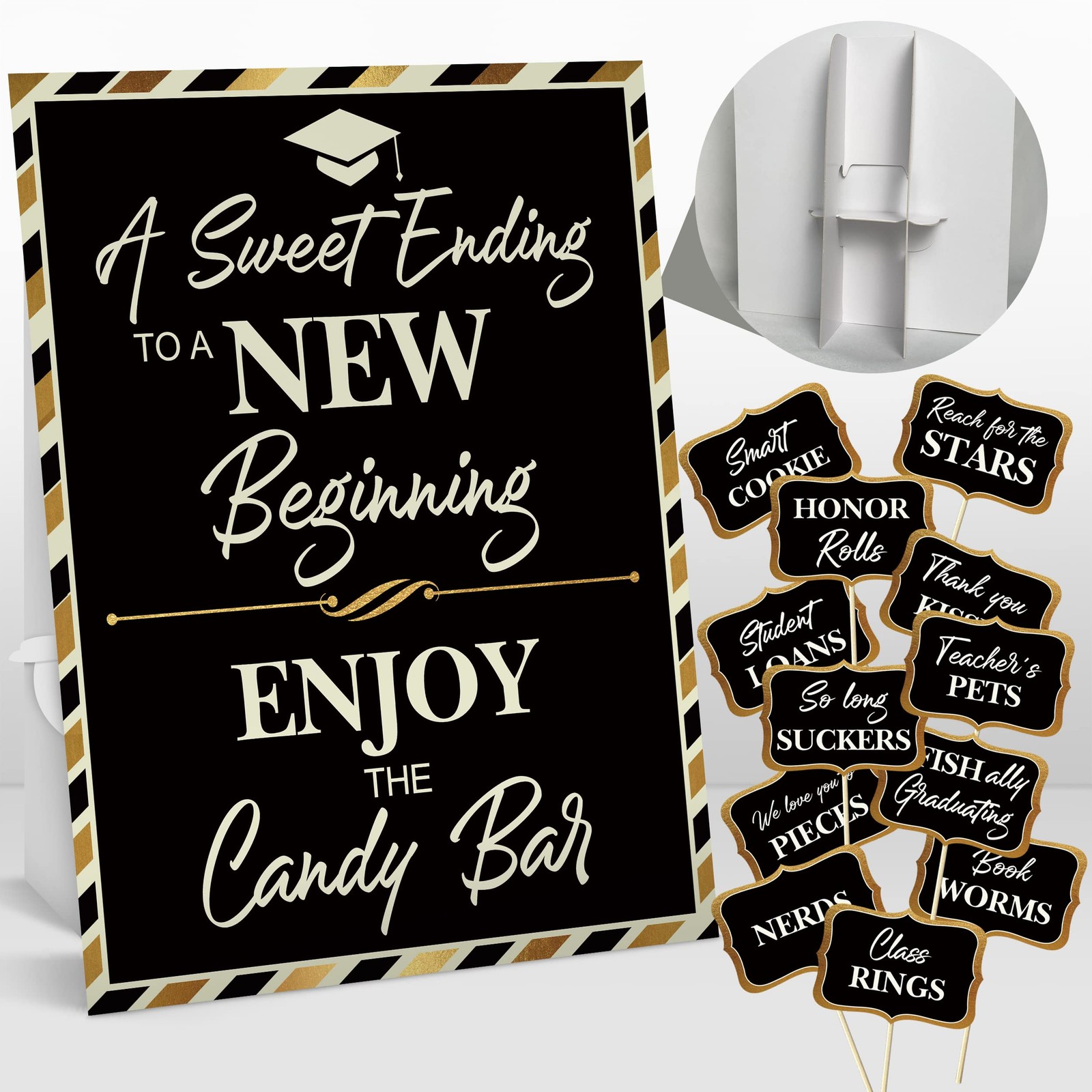 Graduation Candy Buffet Signs Black Gold Party Bar Dessert Food Decoration