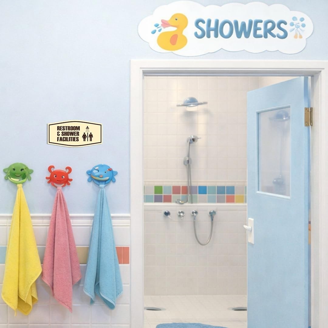 Large Fancy Restroom & Shower Facilities Sign Brushed Silver Wall Mounted
