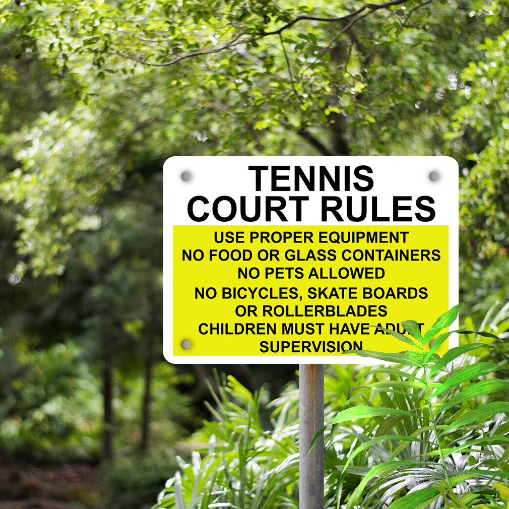 Horizontal Metal Sign Tennis Court Rules Use Proper Equipment No Food Glass