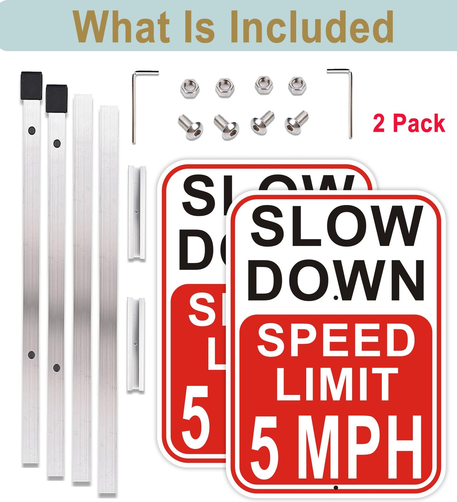 2 PCS Slow Down Speed Limit 5 MPH Sign 36 Inch Stakes 14×10 Inch Aluminum