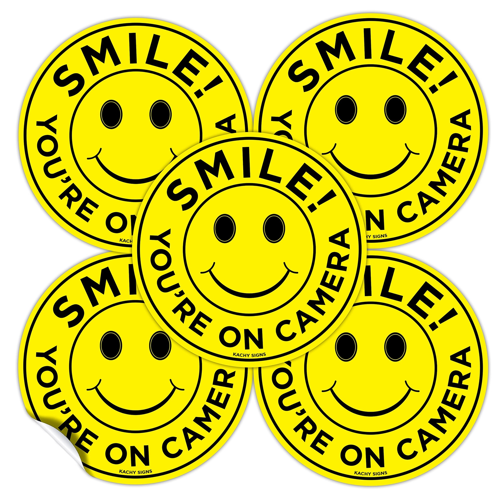 (Set of 5) Smile You&rsquo;re On Camera Stickers – 4.5&Prime; Circle – Durable Self Adhes…