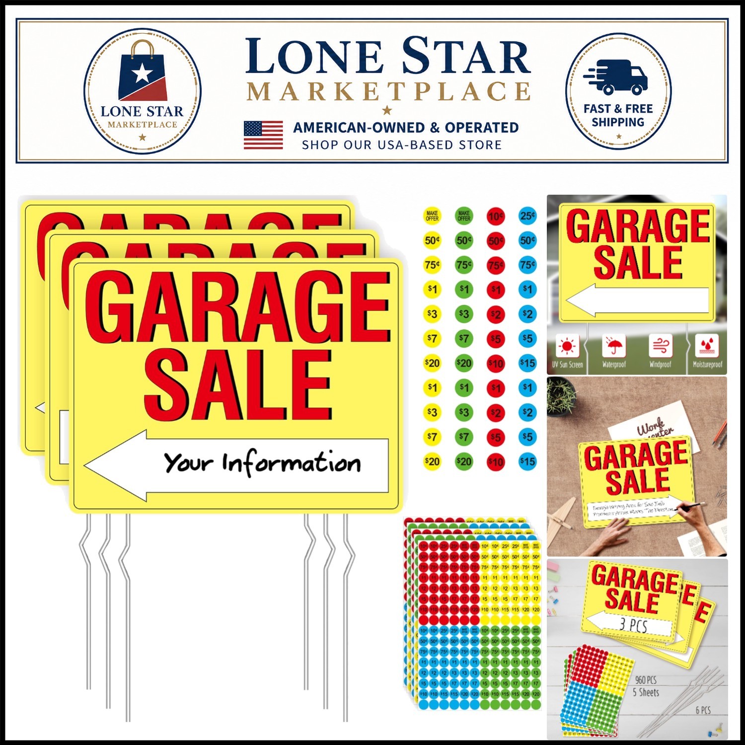 Value Pack: 3 Double-Sided Outdoor Garage Sale Signs with Metal Stakes & Labels